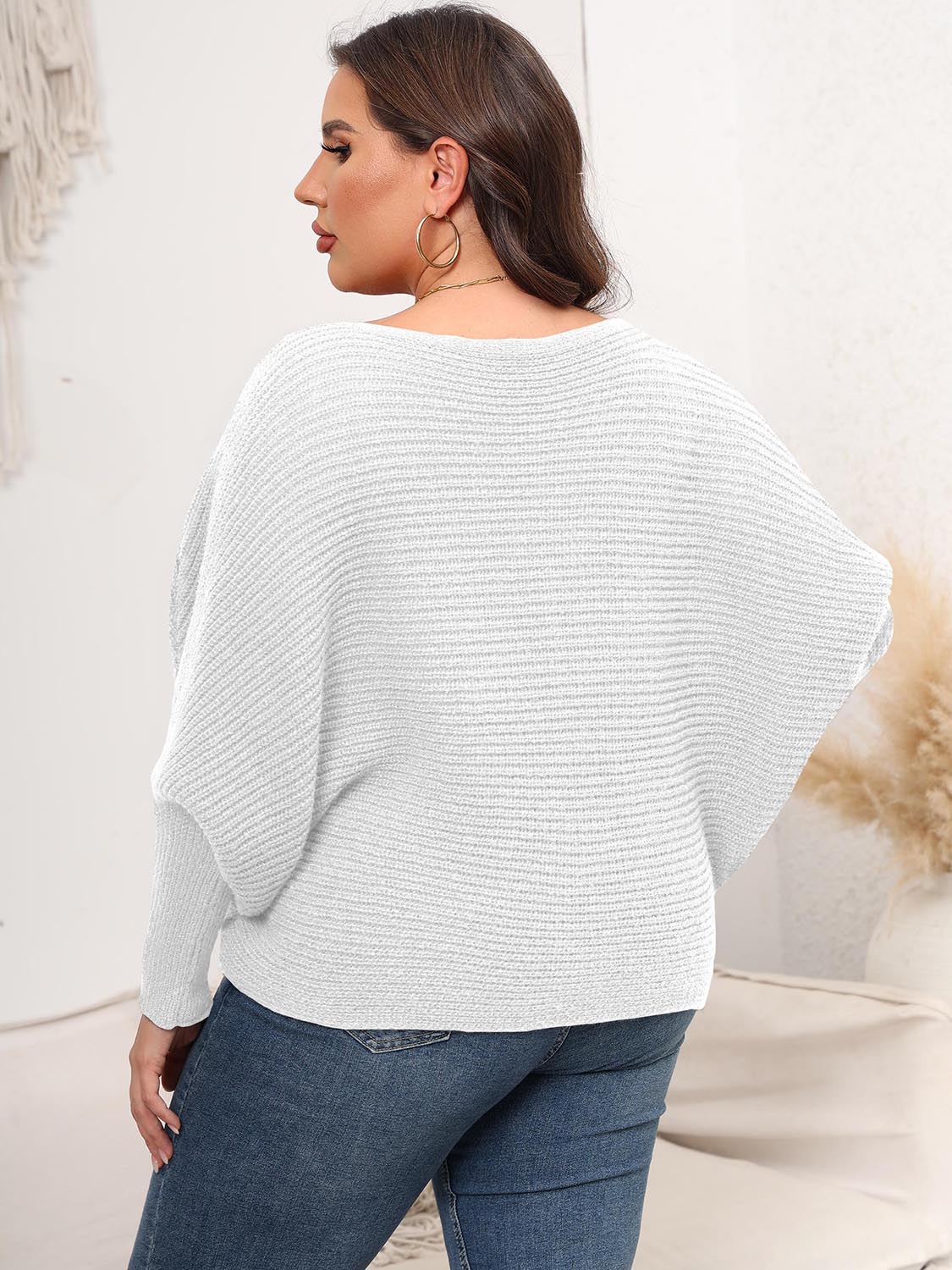 Full Size Boat Neck Batwing Sleeve Sweater 