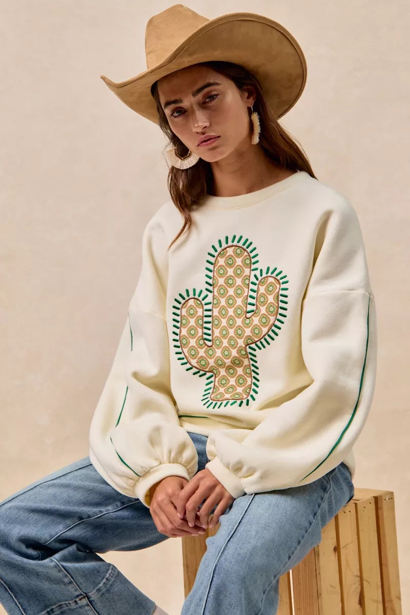 BiBi Cactus Embroidered Fleece Sweatshirt 