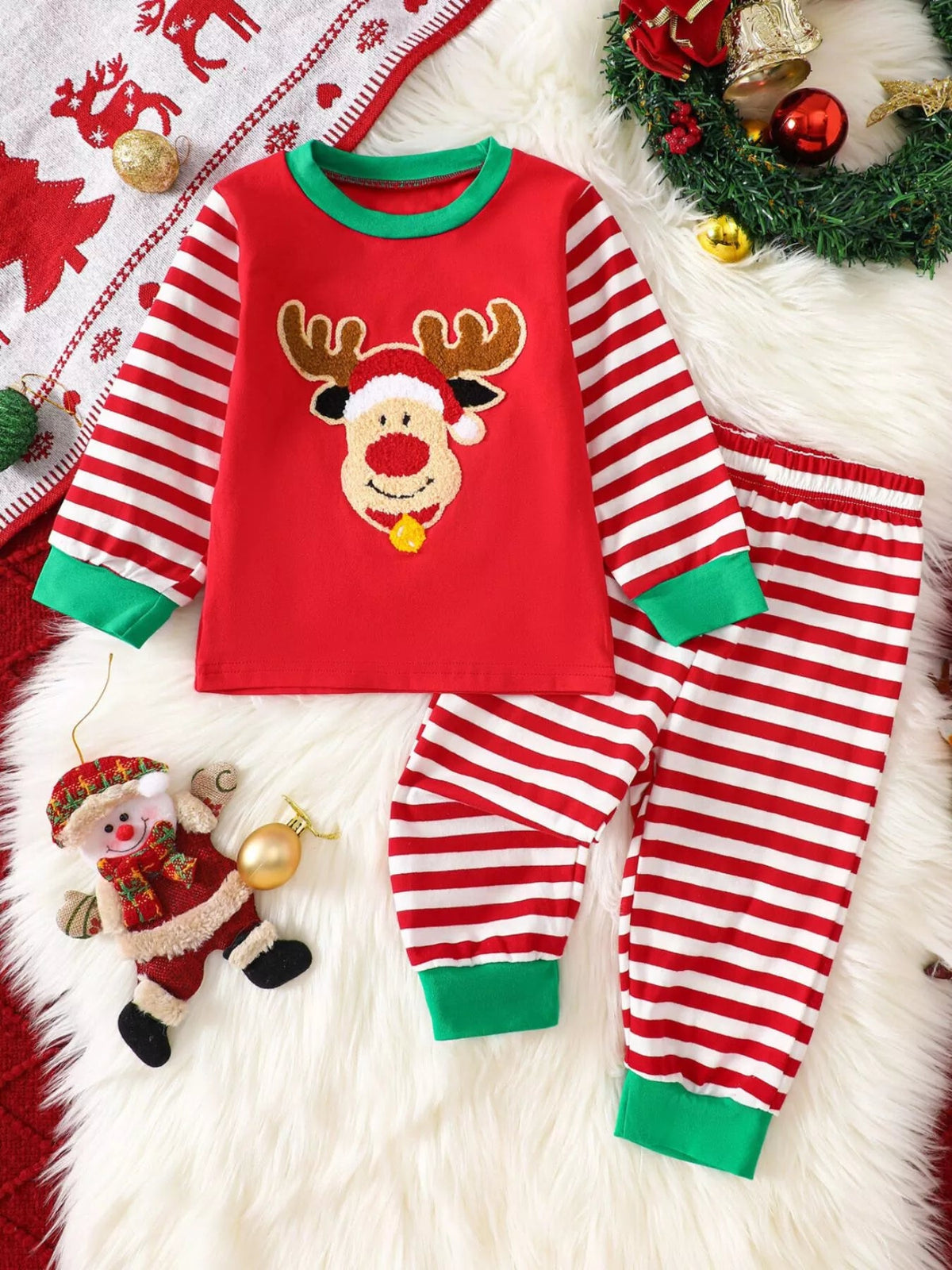 Children's Christmas Reindeer Striped Pajama Set 
