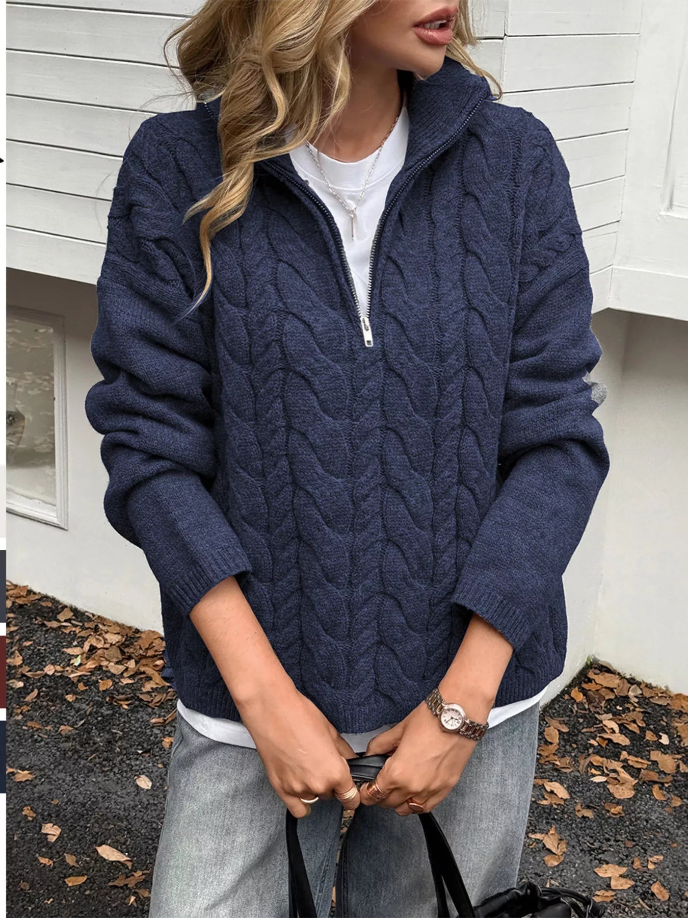 Zip Collar Cable-Knit Sweater 