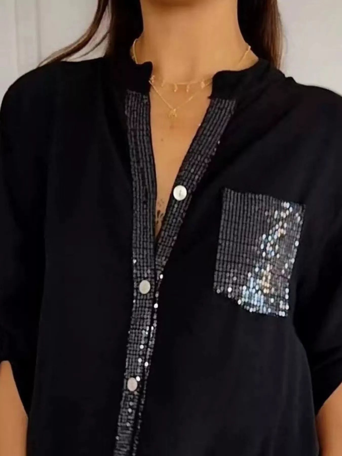 Full Size Sequin Detail Button-Down Shirt Plus Size 