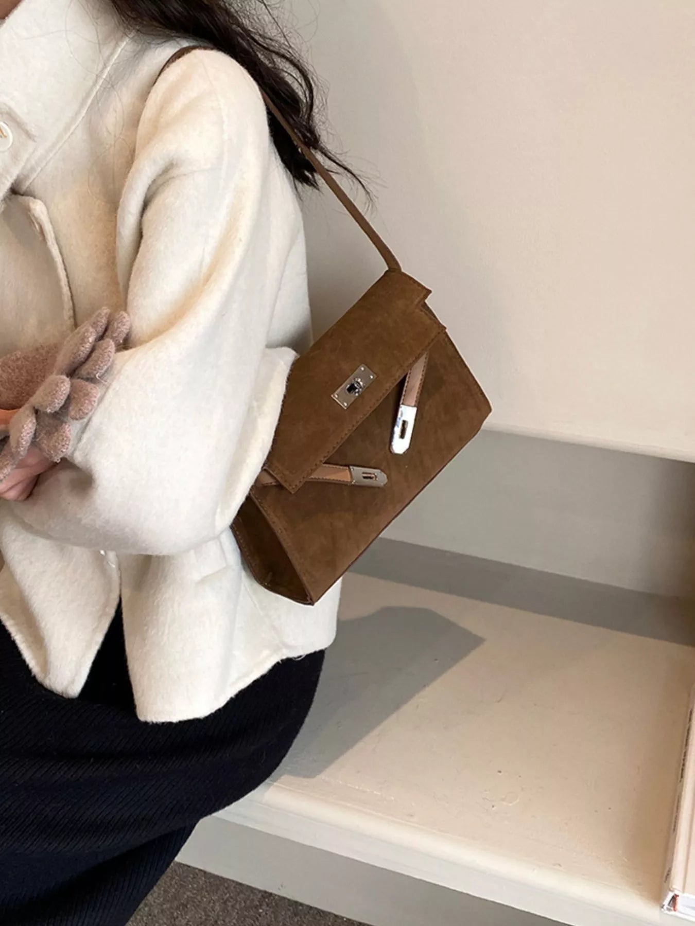 Solid Color Buckle Shoulder Bag 