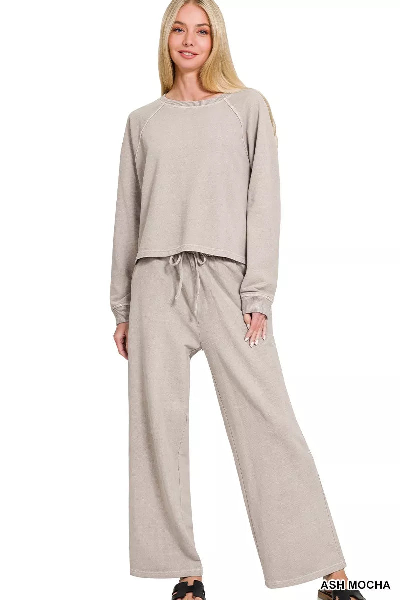 Zenana Washed F/terry Round Neck Pullover & Pants Set 