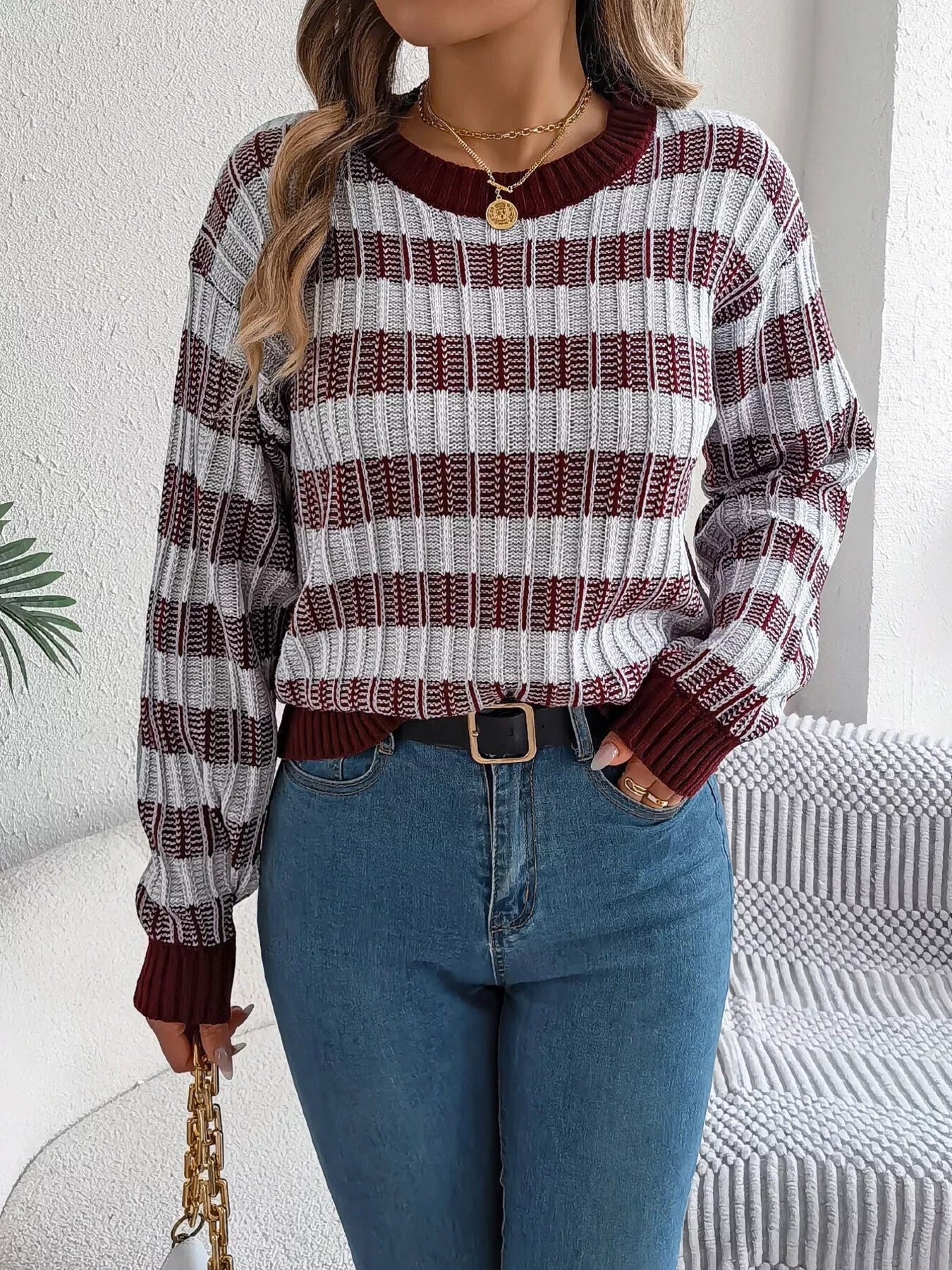 Striped Round Neck Long Sleeve Sweater 