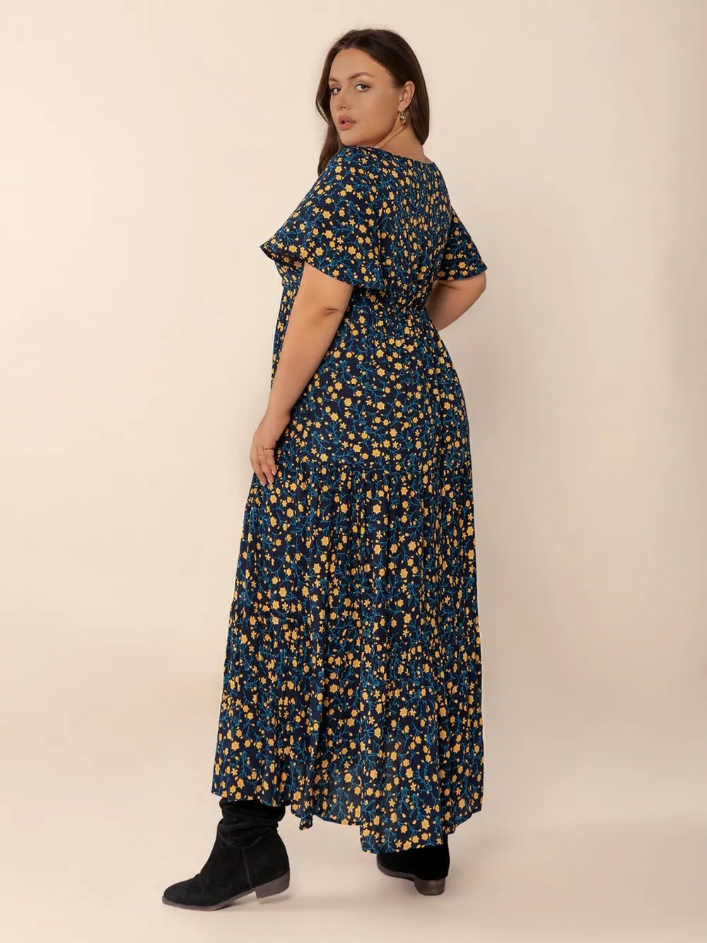 Plus Size Printed Short Sleeve Slit Tiered Maxi Dress 