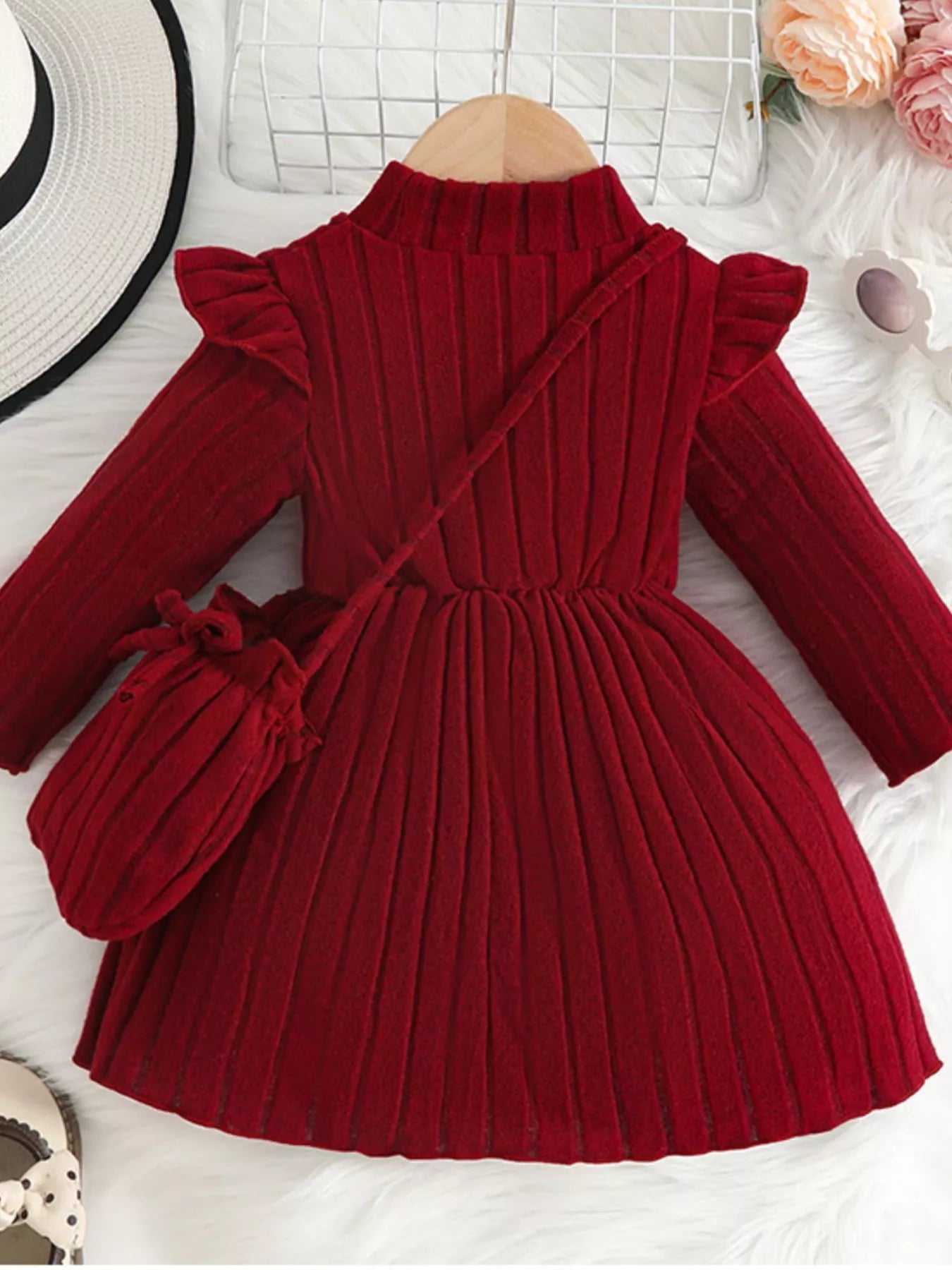 Children's Ribbed Knit Ruffle Trim Dress with Bag 