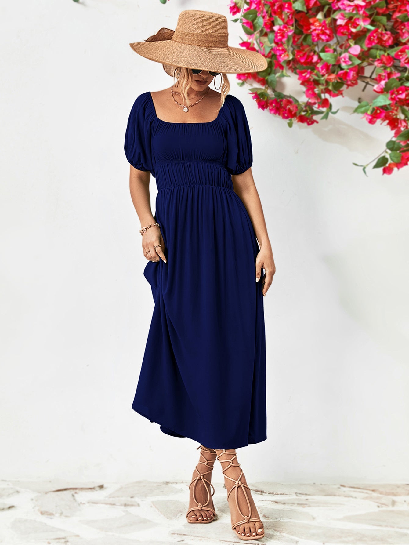 Off-Shoulder Balloon Sleeve Midi Dress 