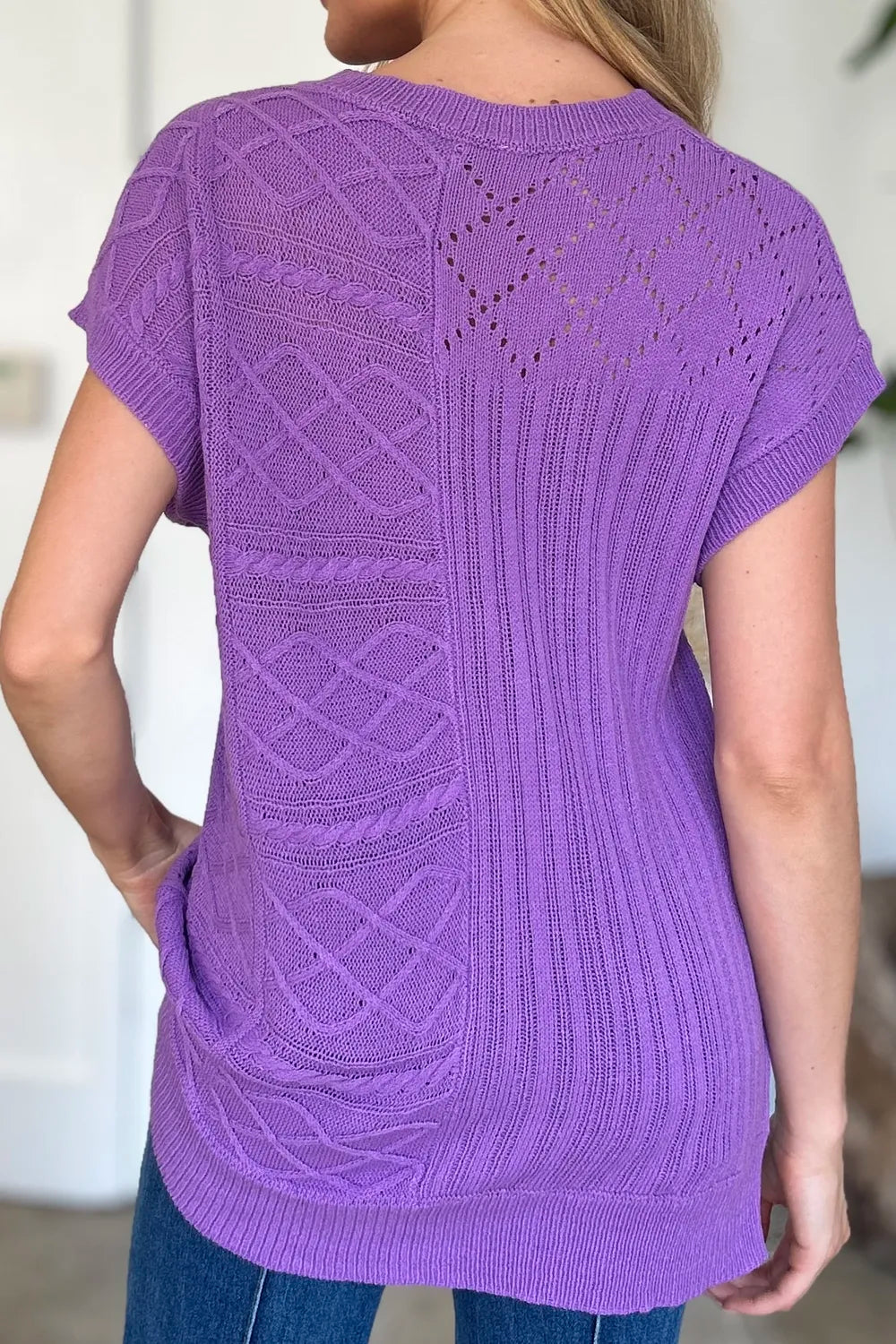 Double Take Full Size Cable-Knit Round Neck Cap Sleeve Sweater 
