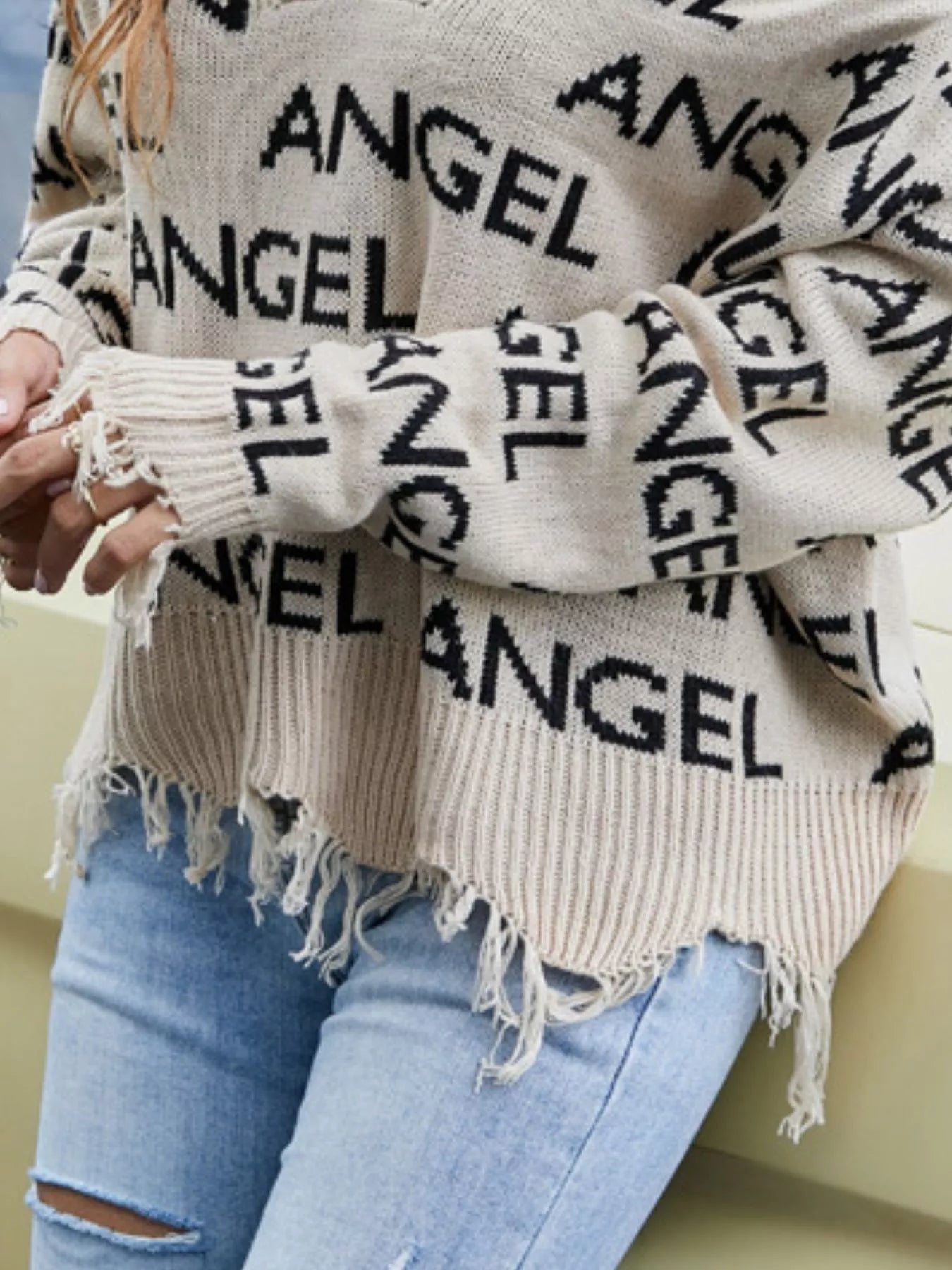 Frayed Hem Long Sleeve Sweater 