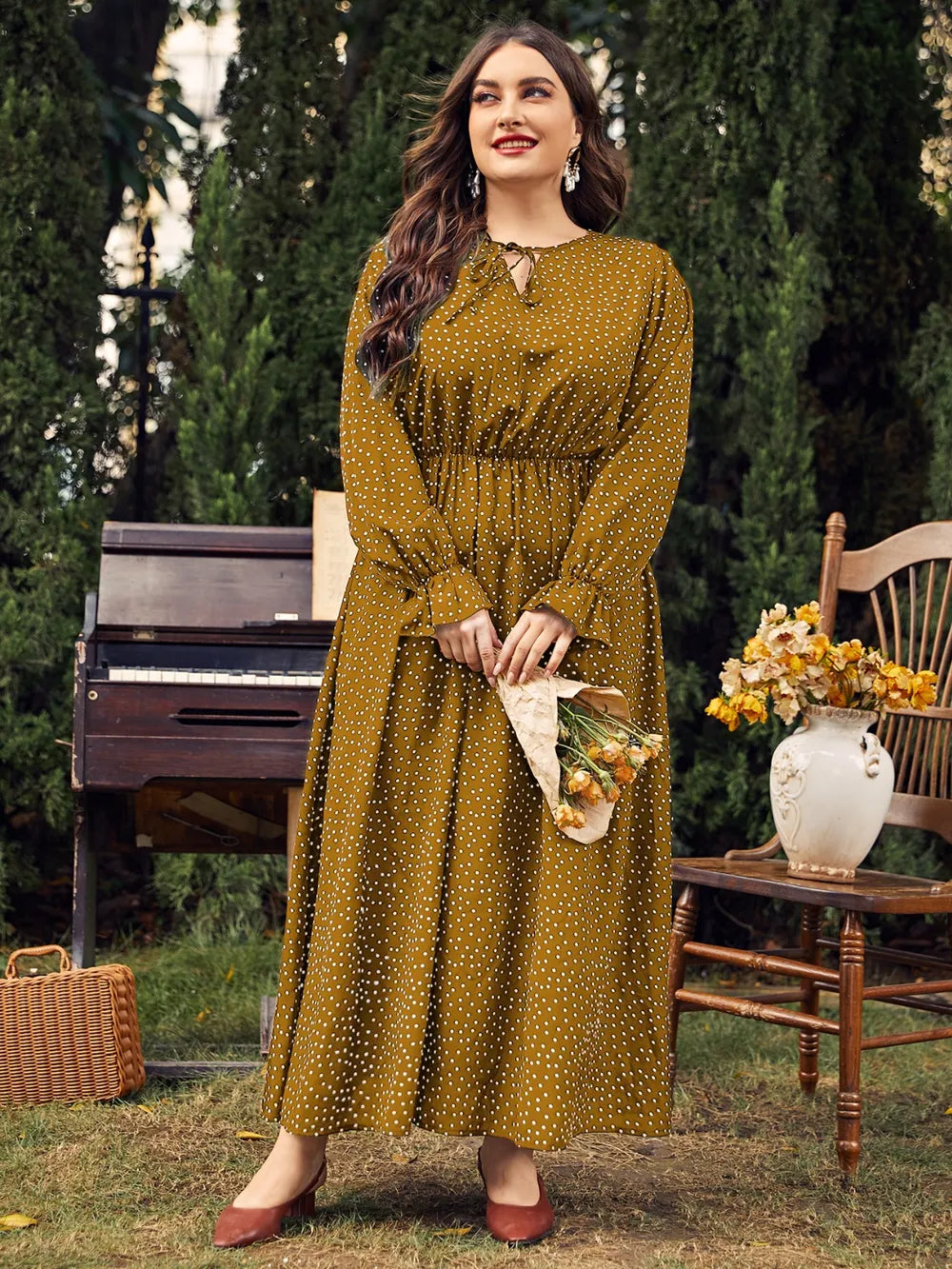 Honey Plus Size Ruffled Polka Dot Long Sleeve Midi Dress 