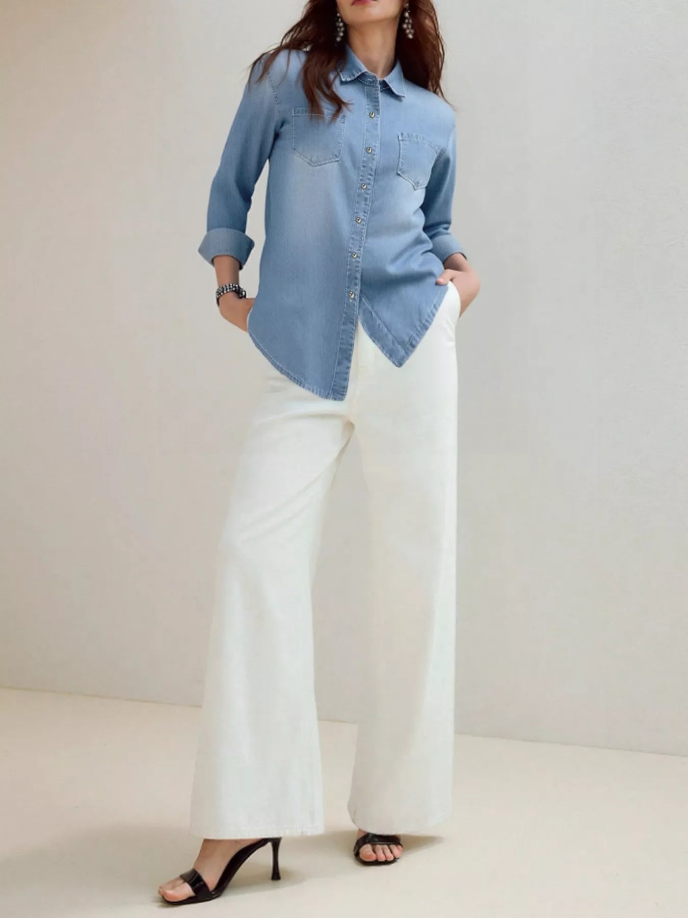 Full Size Button-Up Long Sleeve Denim Shirt Plus Size 