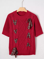Plaid Lace Up Detail Christmas Holiday Puff Short Sleeve Sweater 