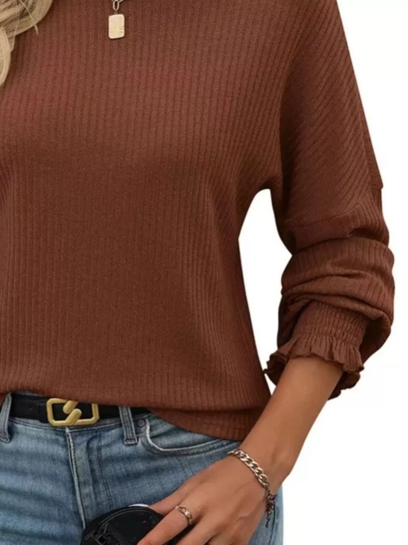 Ribbed Knit Long Sleeve T-Shirt 