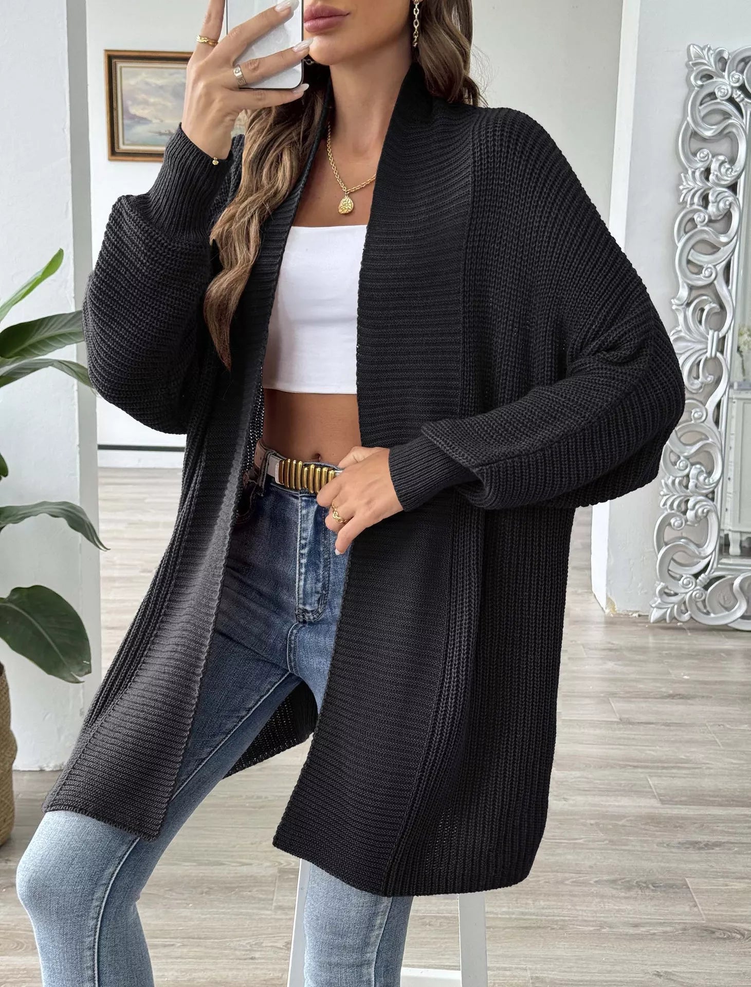 Open Front Ribbed Knit Cardigan 