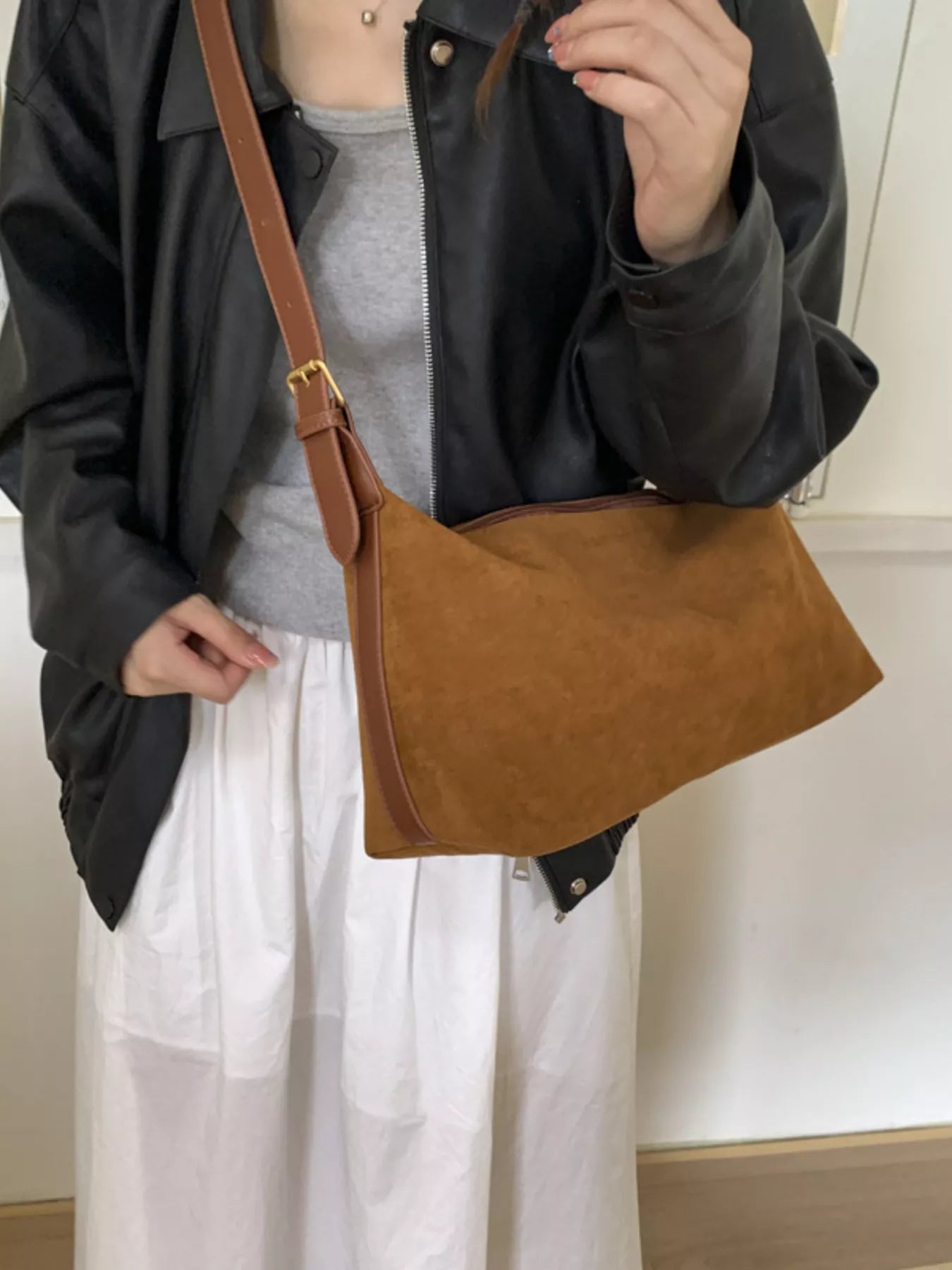 Solid Color Suede Hobo Crossbody Bag 