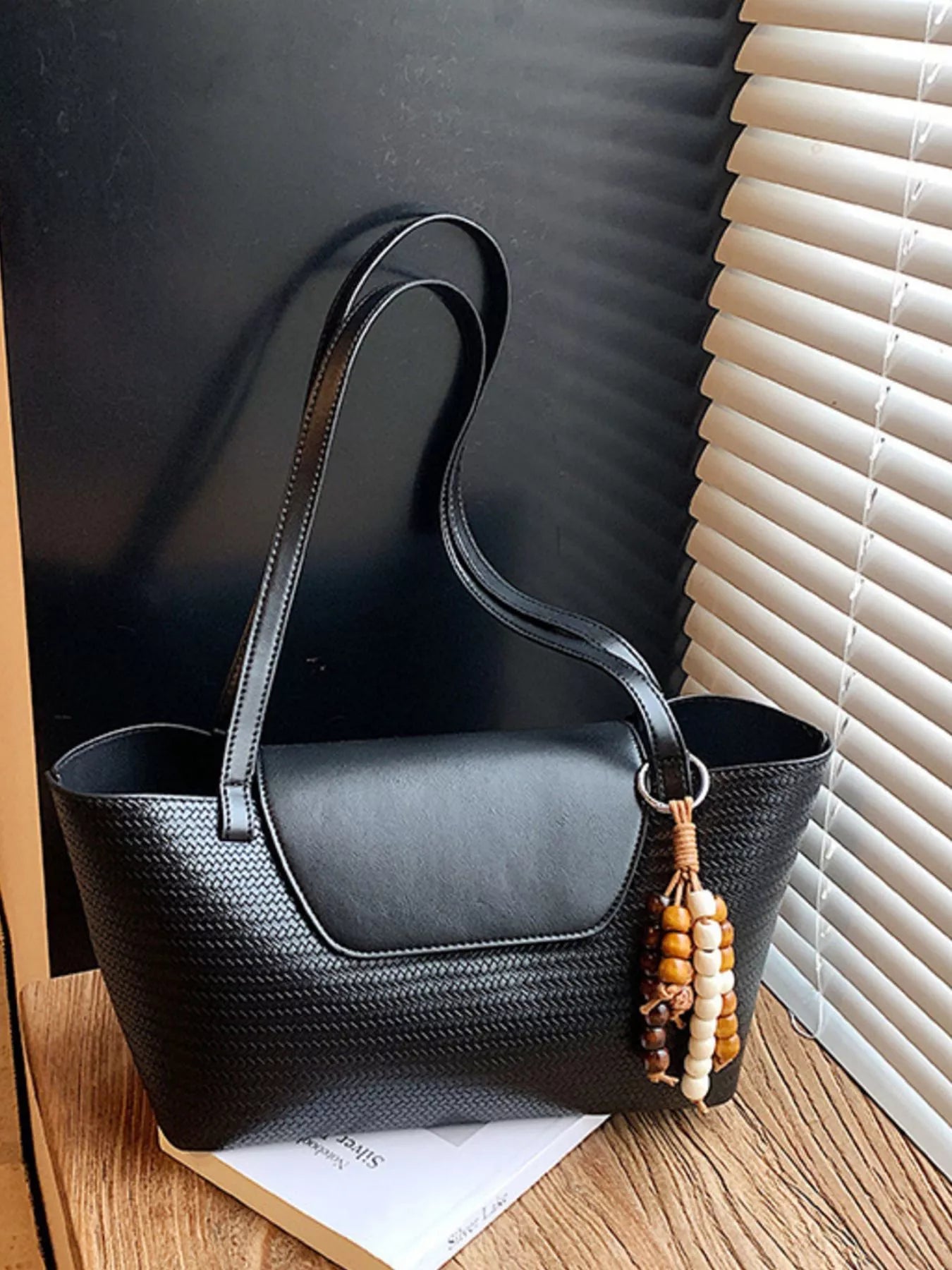 Texture Tote Bag with Beaded Charm 