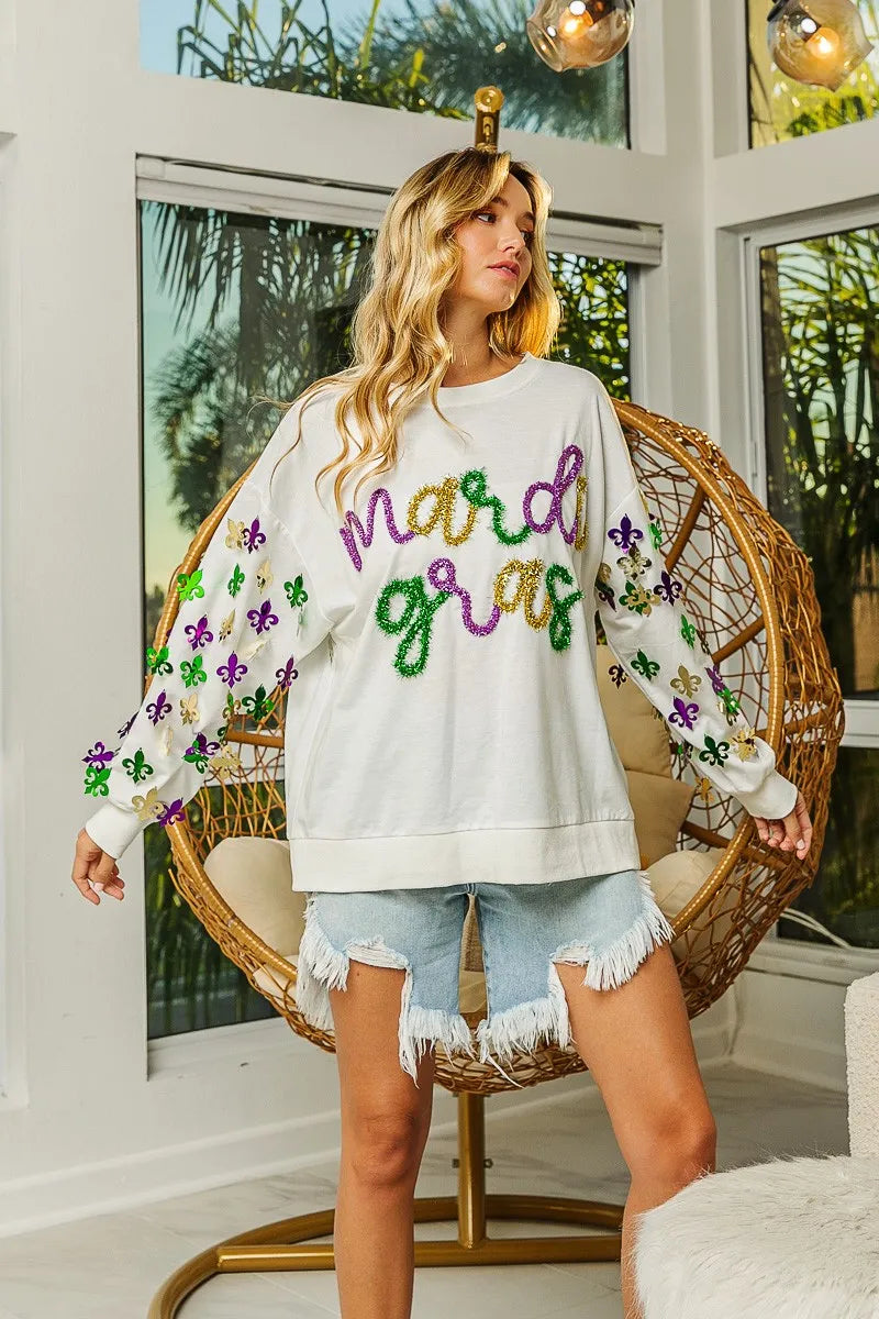 BiBi Fleur De Lis Sleeve Mardi Gras Pullover 