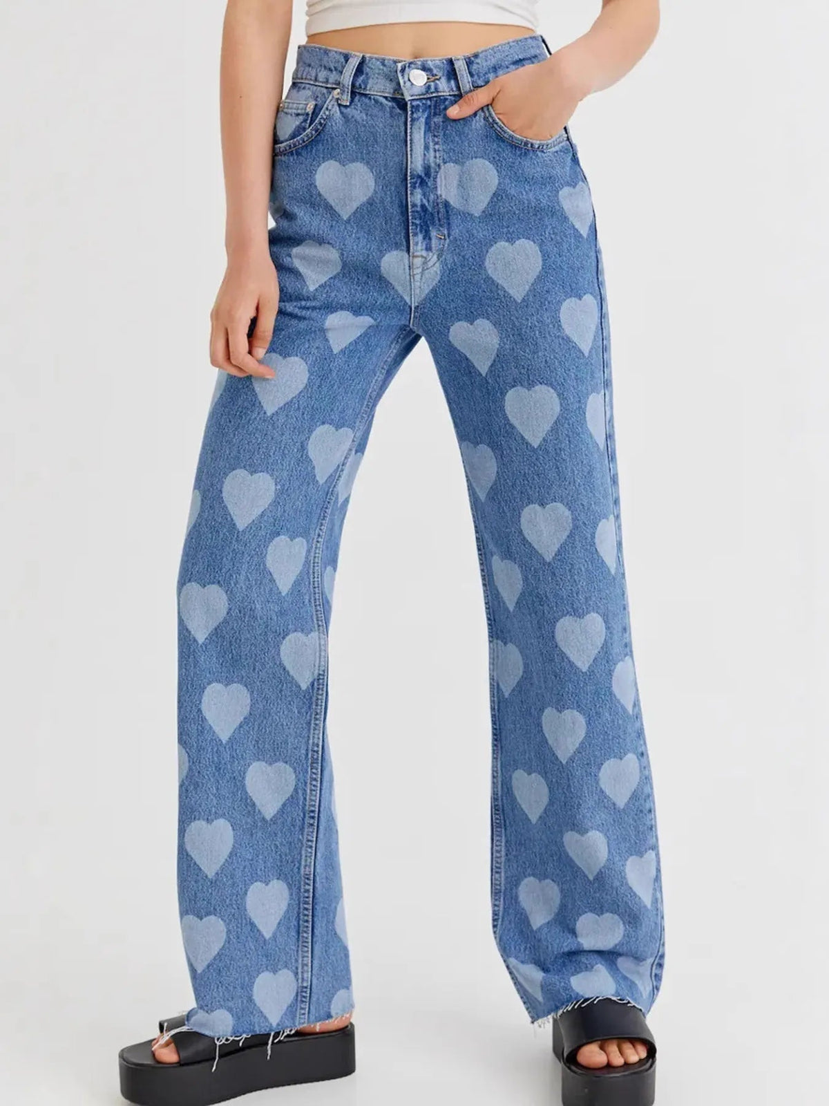 Heart Pattern High-Waist Wide Leg Jeans 