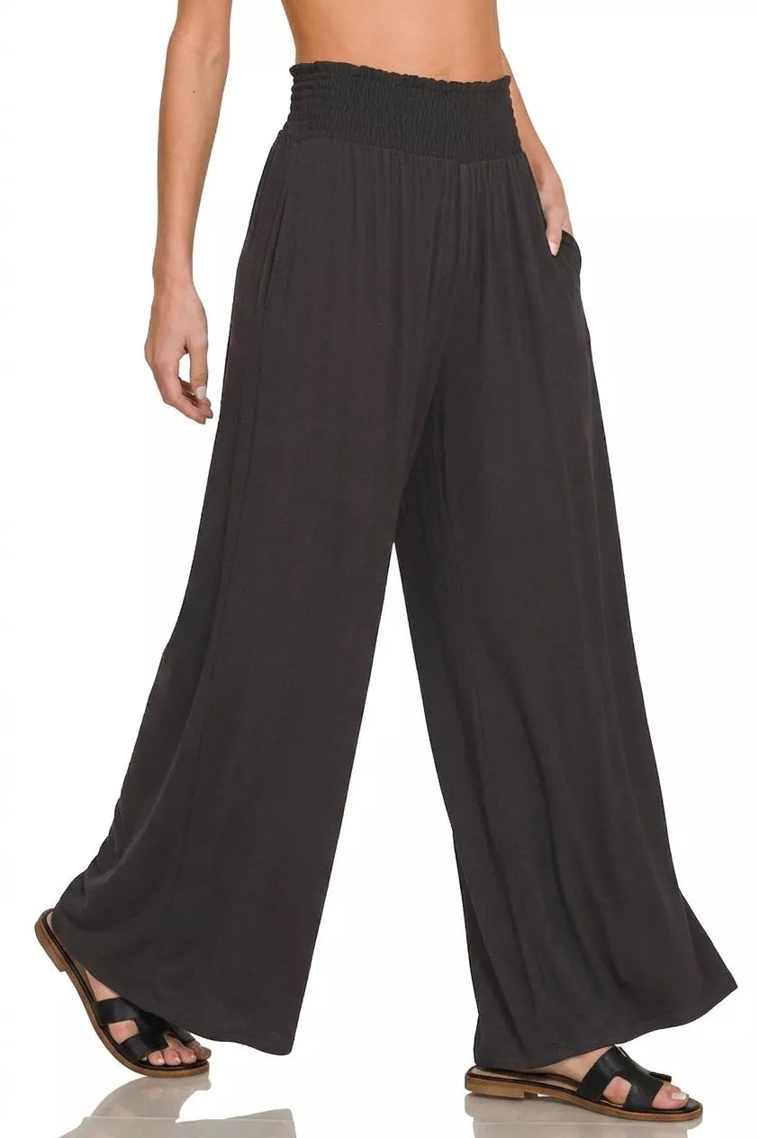 Zenana Smocked Waist Wide Leg Palazzo Pants 