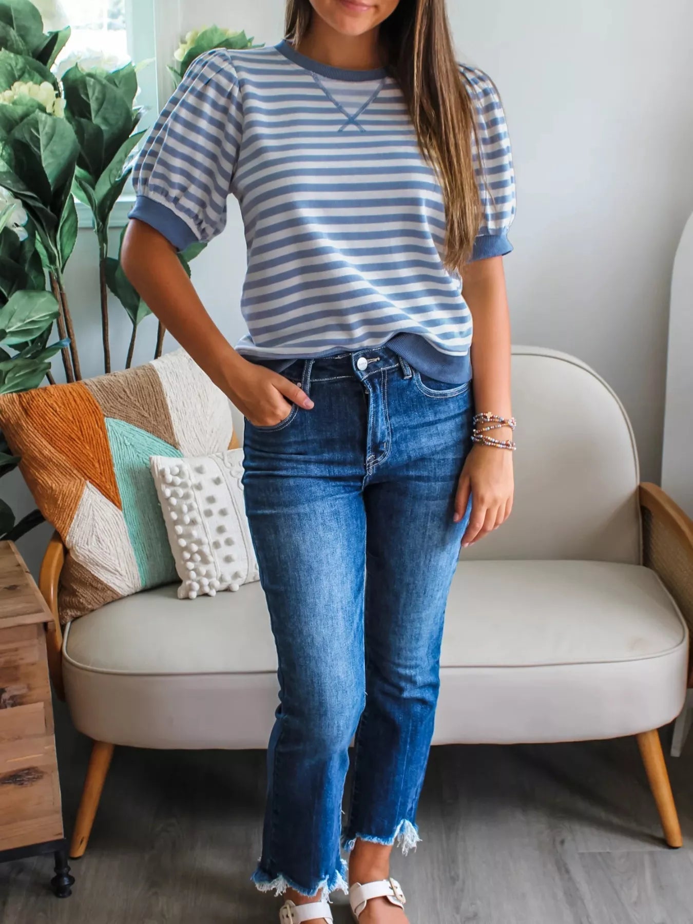 Stripe Short Bubble Sleeve T Shirt 