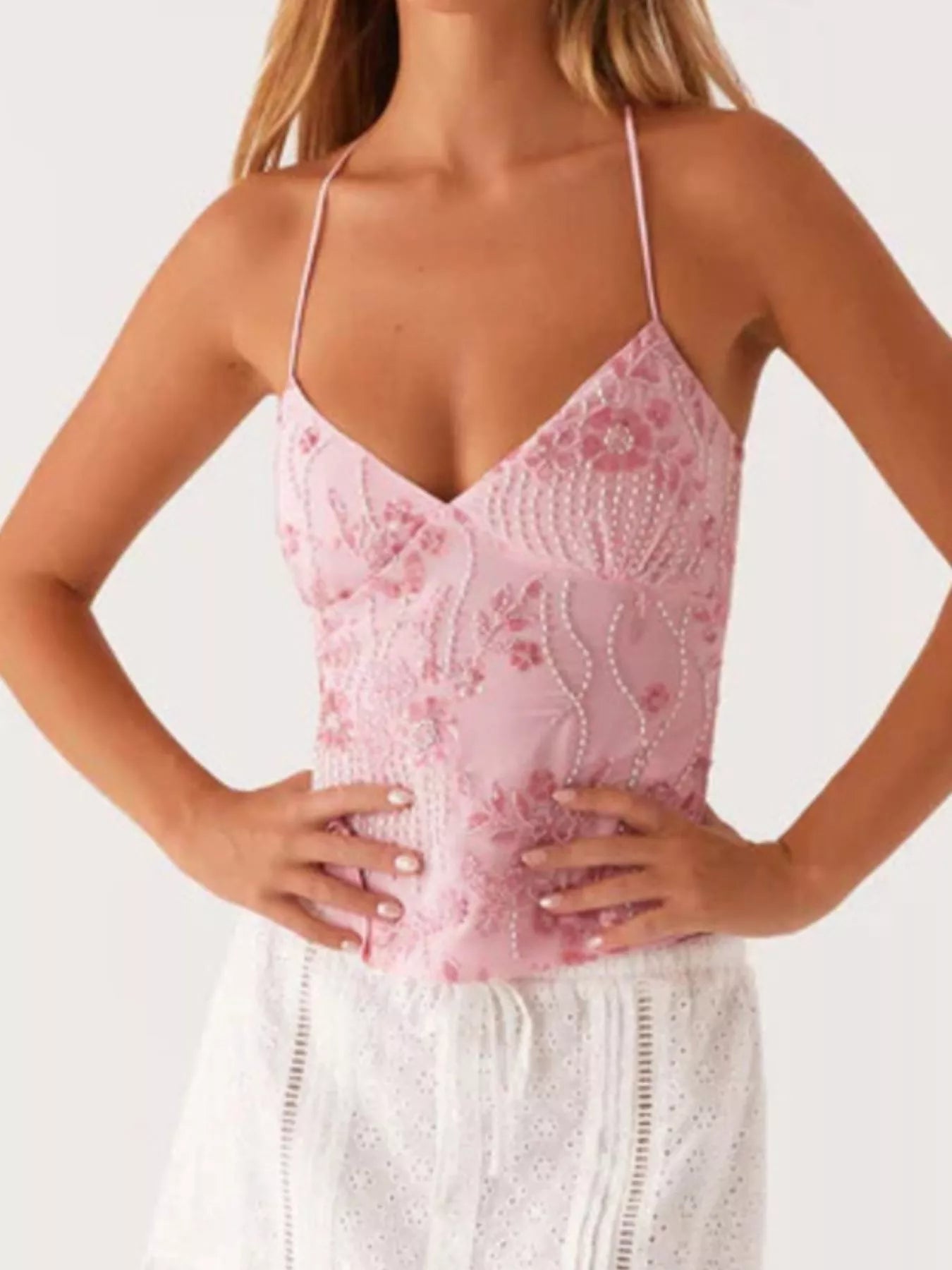 Floral Lace Up Back V-Neck Cami 