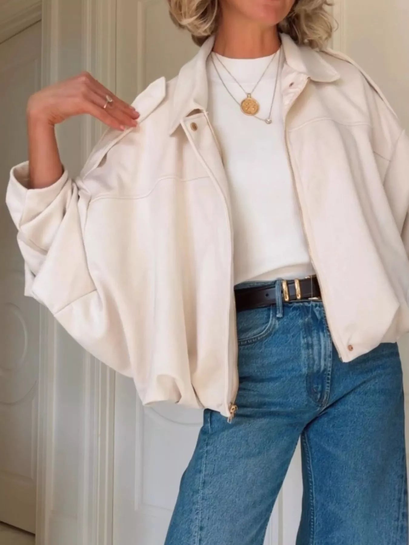 Zip Up Dropped Shoulder Suede Jacket 