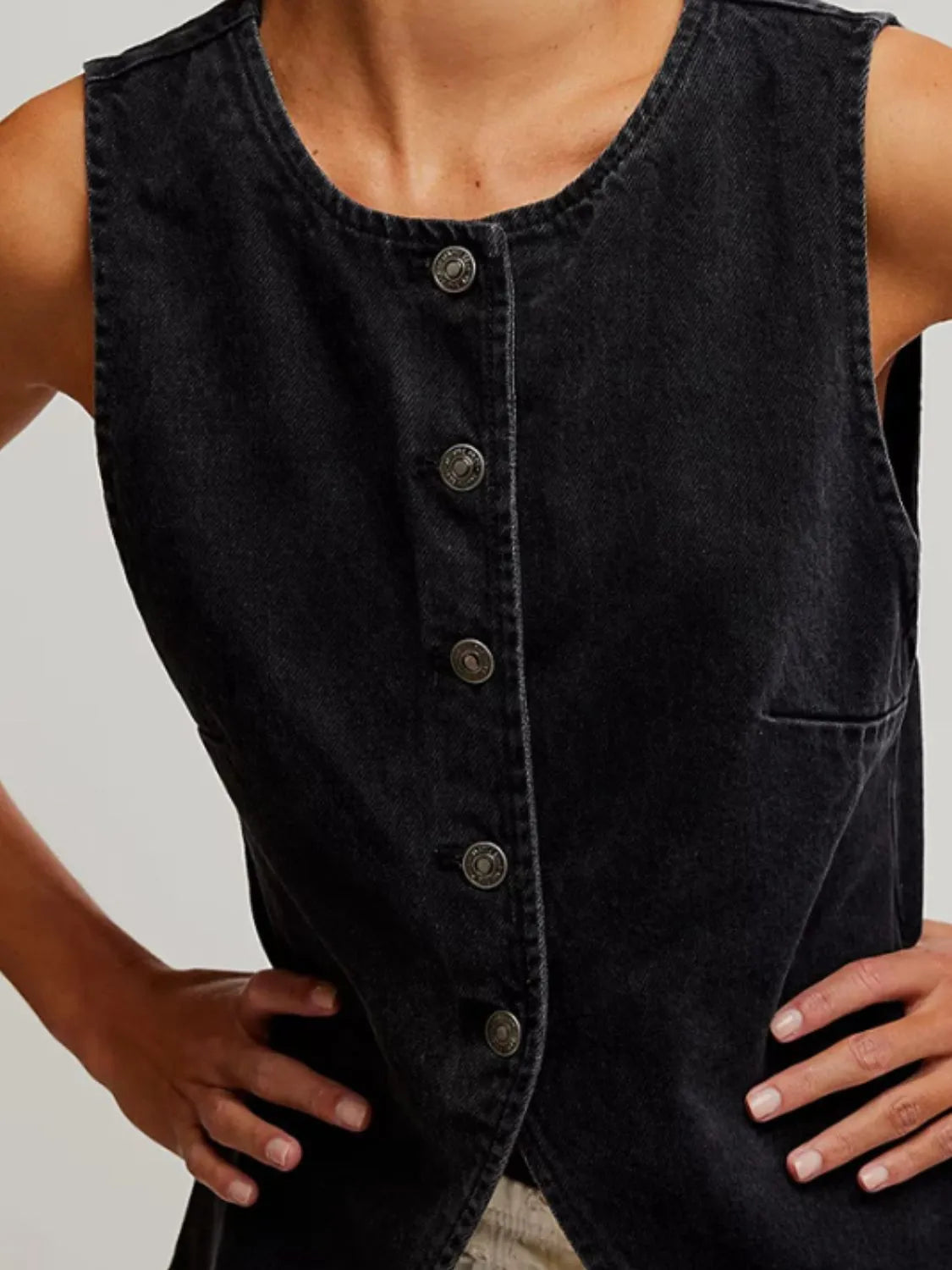 Button Down Round Neck Denim Vest 