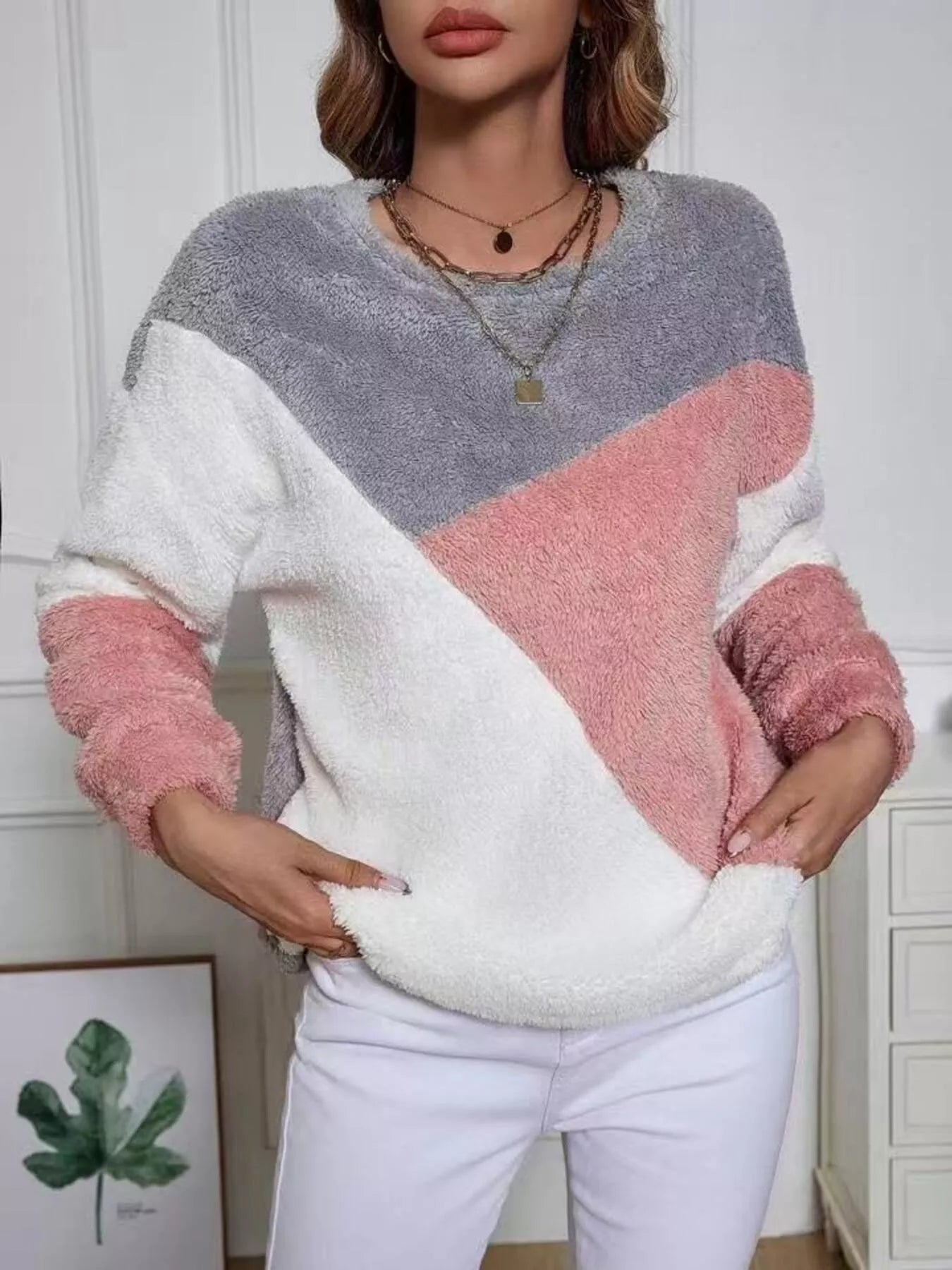 Color Block Fuzzy Knit Sweatshirt 