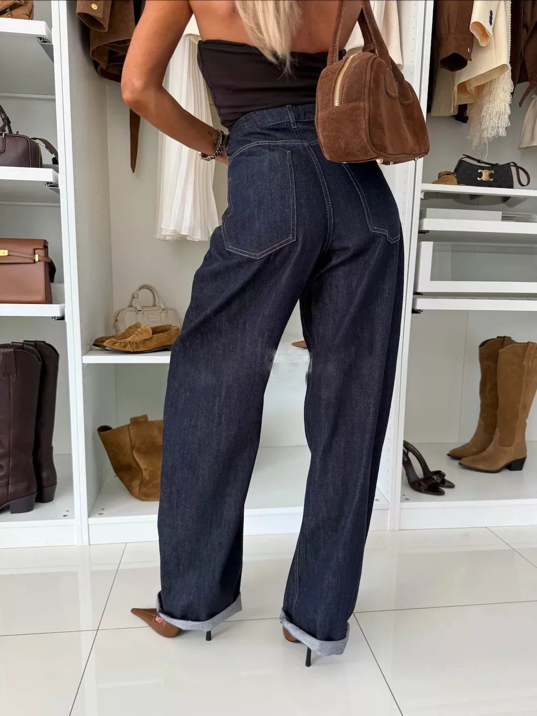 High-Waisted Wide-Leg Washed Jeans 