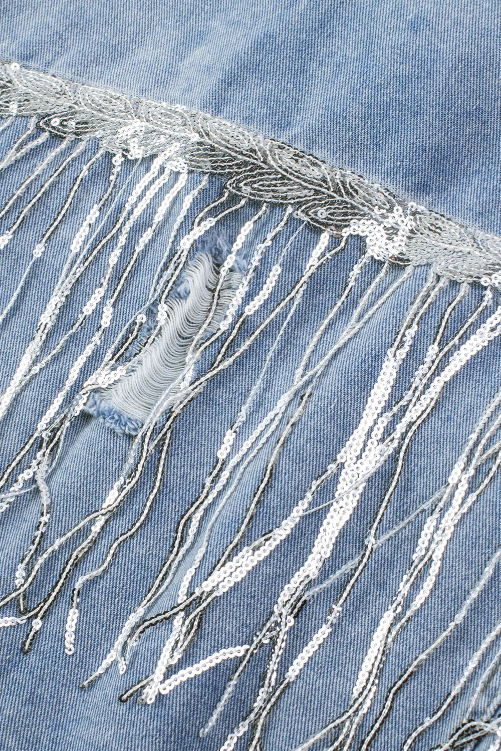 Sequin Fringe Trim Distressed Button Up Denim Jacket 