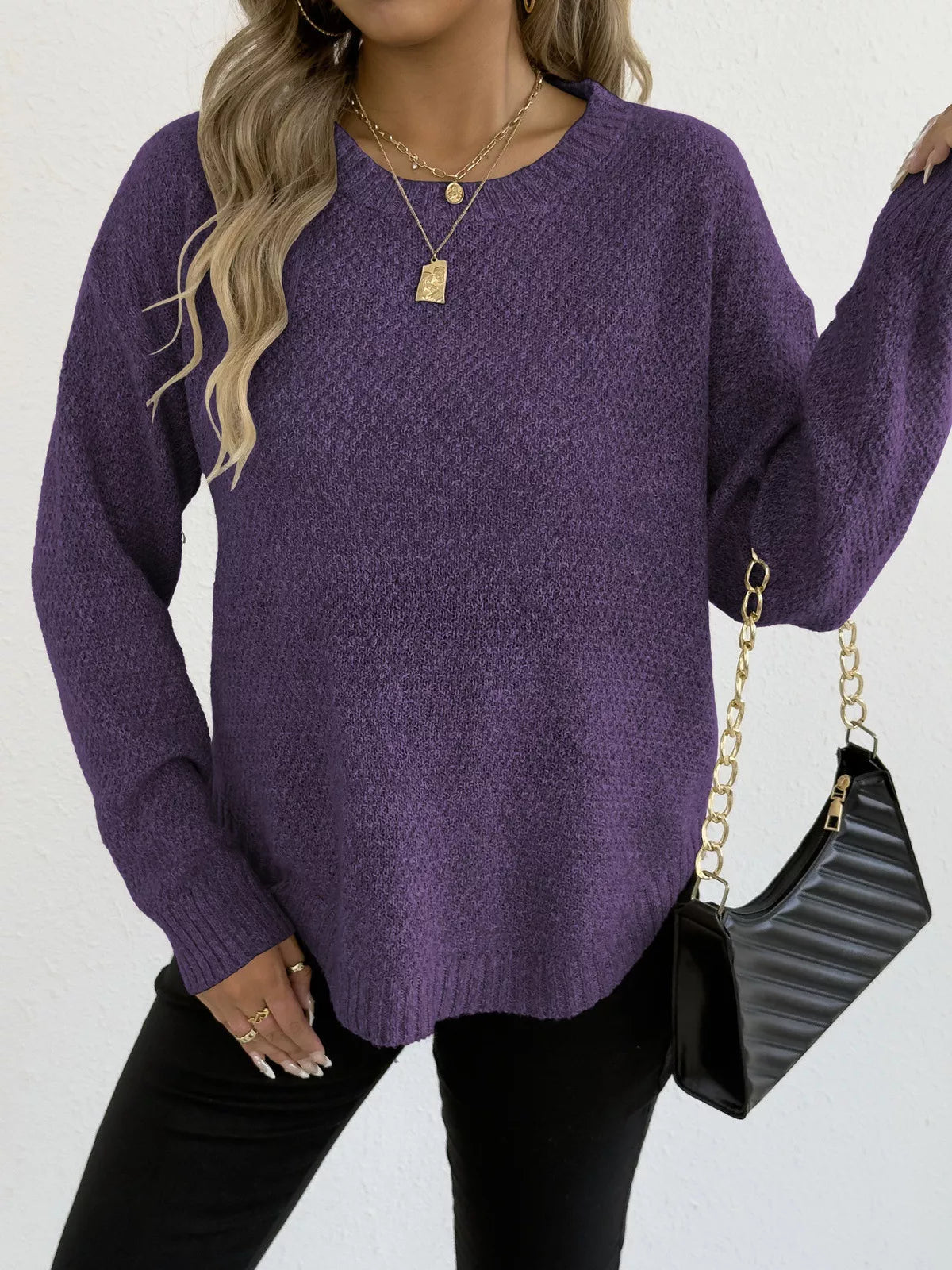 Textured Knit Relaxed Fit Round Neck Sweater 