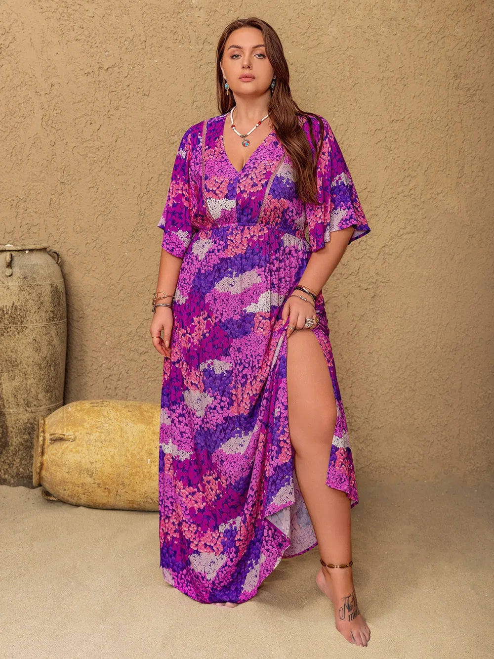 Plus Size Slit Printed Half Sleeve Maxi Dress 