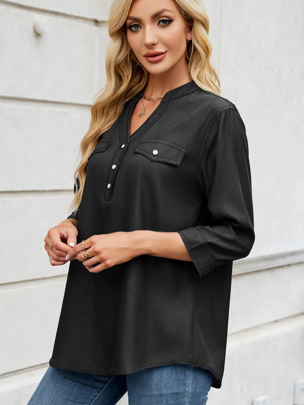 Notched Three-Quarter Sleeve Denim Top 