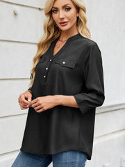 Notched Three-Quarter Sleeve Denim Top 