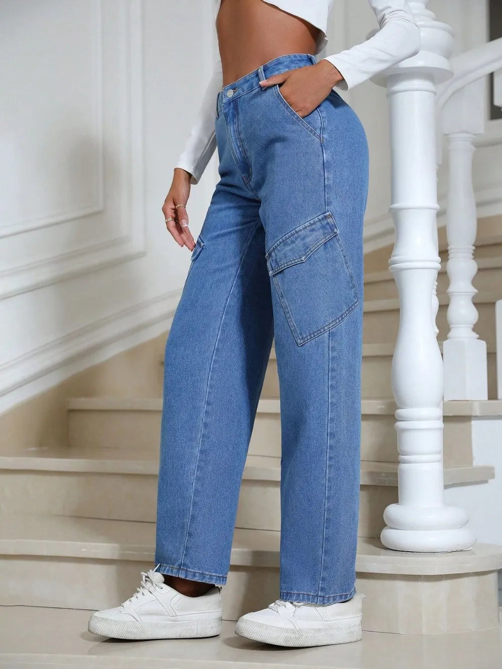 High Waist Straight Leg Jeans with Pockets 