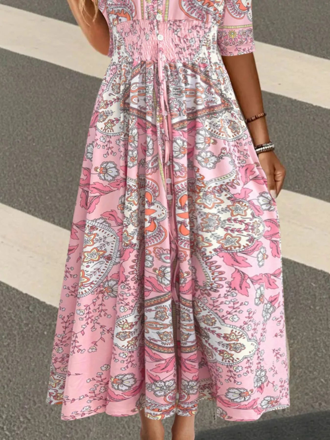Smocked Printed Half Sleeve Dress 