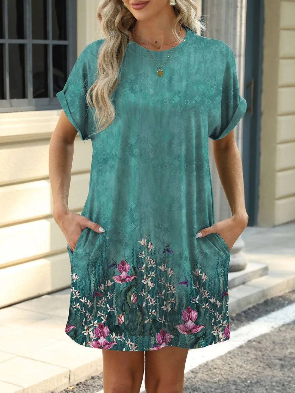 Printed Round Neck Short Sleeve Mini Dress 