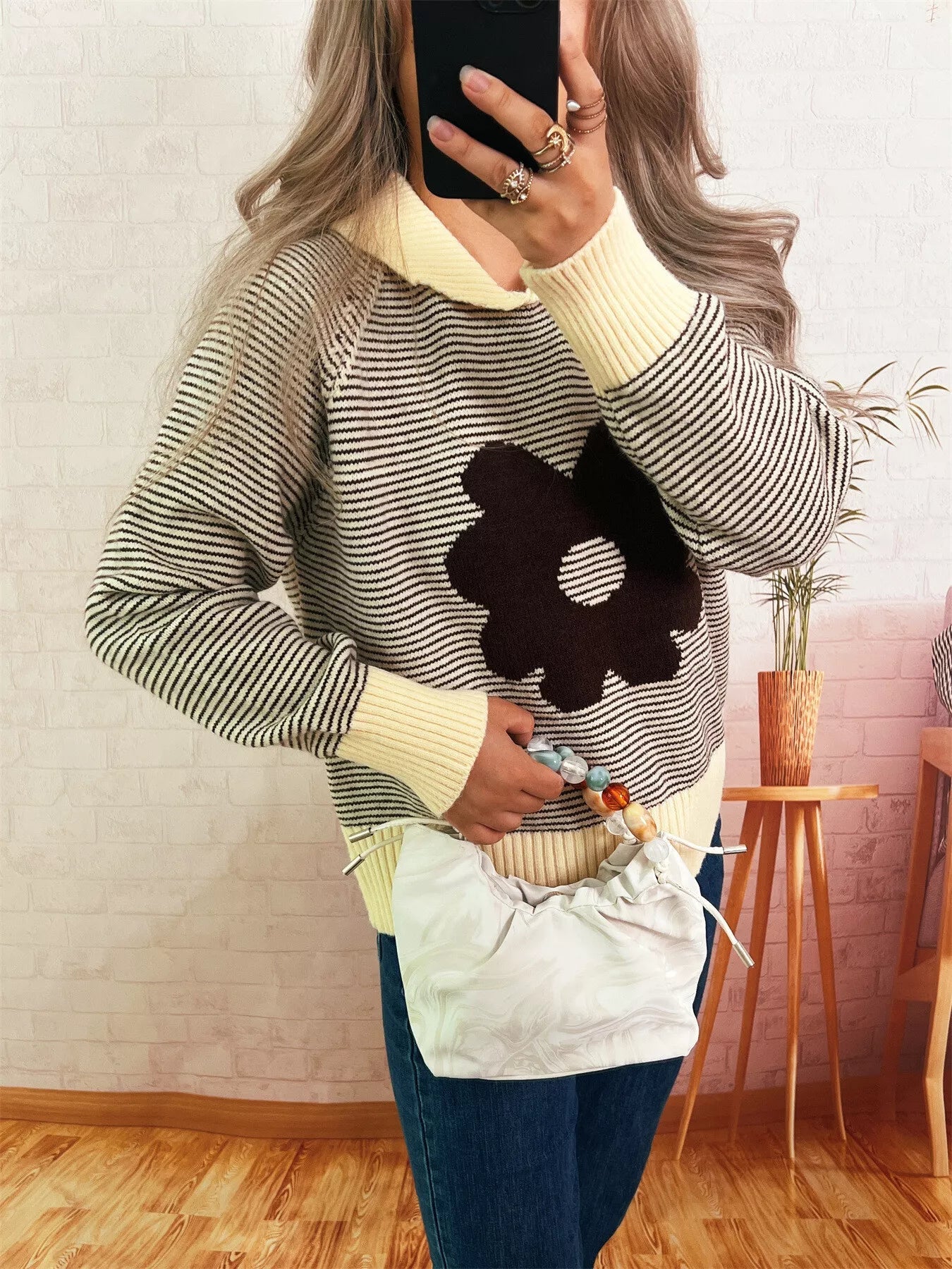 Striped Flower Raglan Sleeve Sweater 