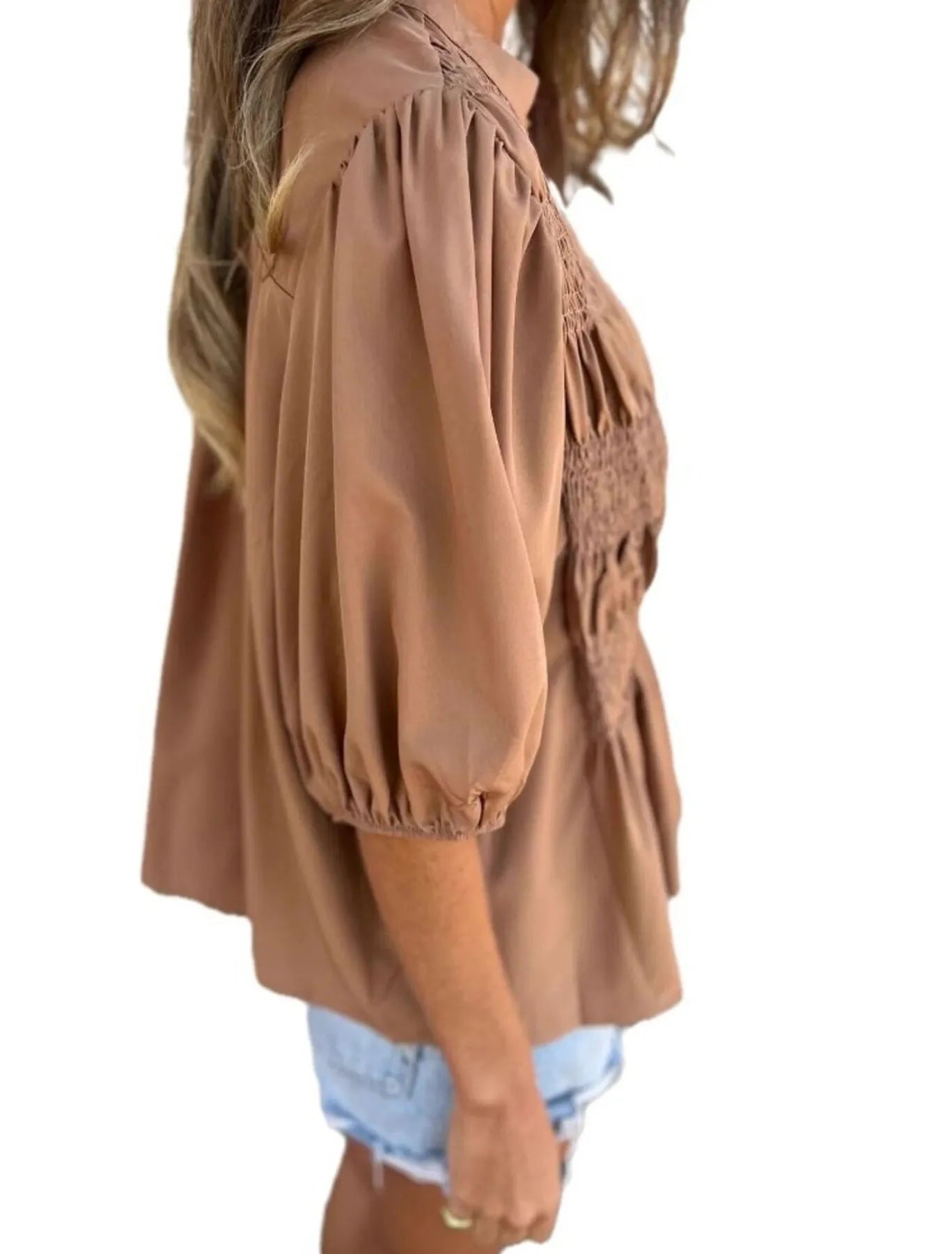 Full Size Smocked Puff Sleeve Blouse Plus Size 