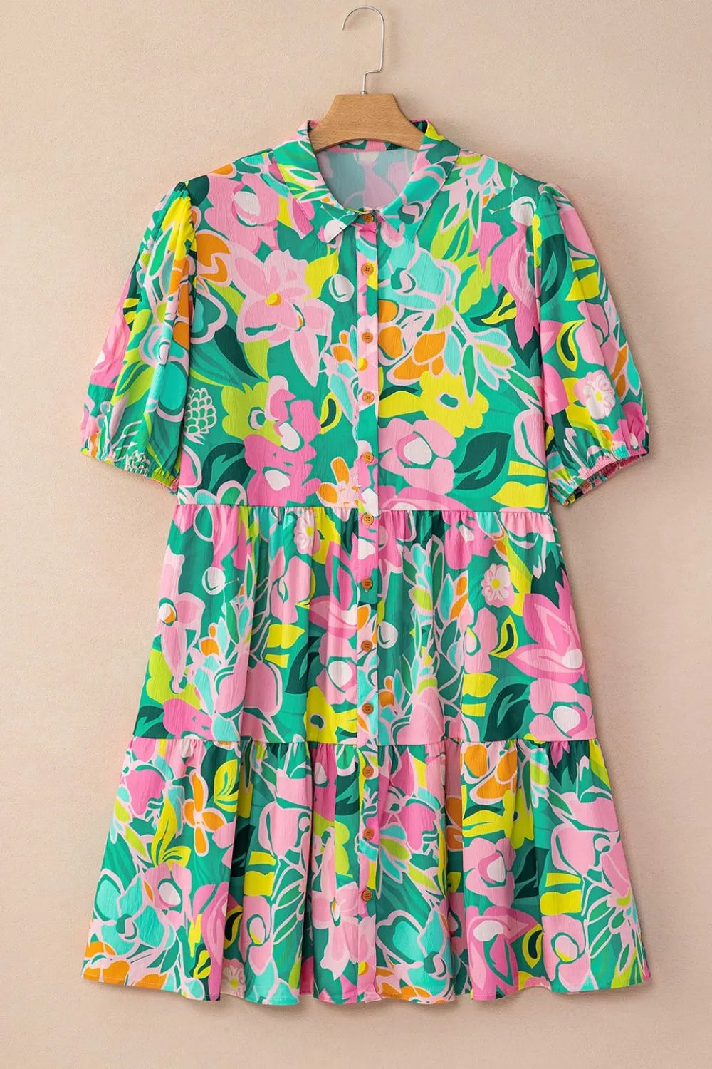 Button Down Floral Puff Sleeve Babydoll Dress 
