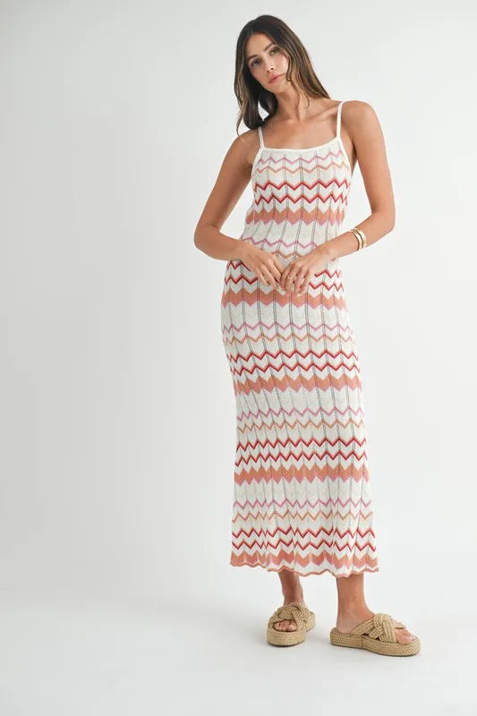 MABLE Lightweight Pointelle Chevron Knit Maxi Dress 