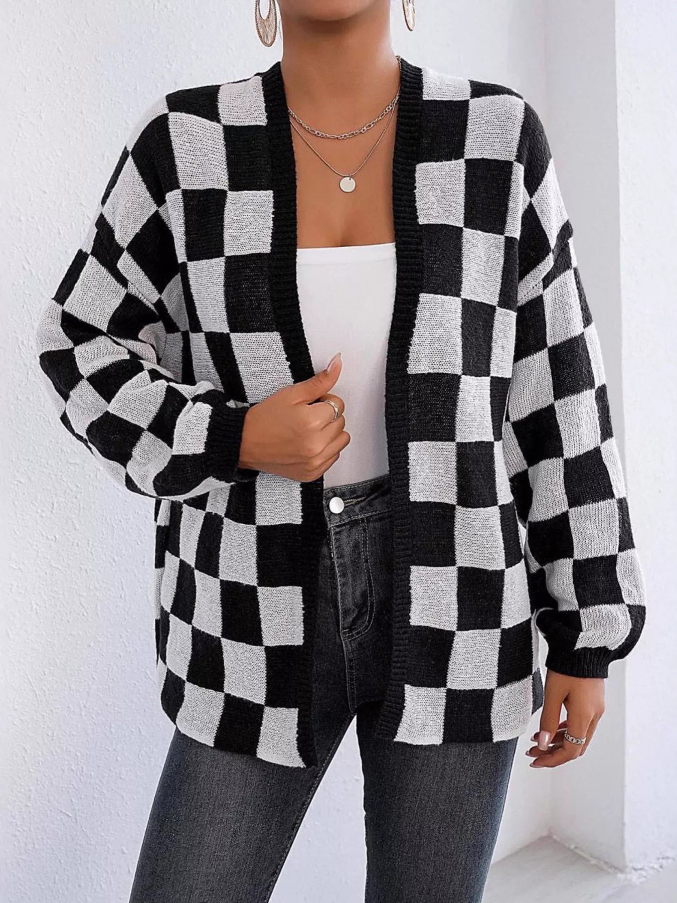 Checkerboard Pattern Open Front Knit Cardigan 