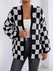 Checkerboard Pattern Open Front Knit Cardigan 