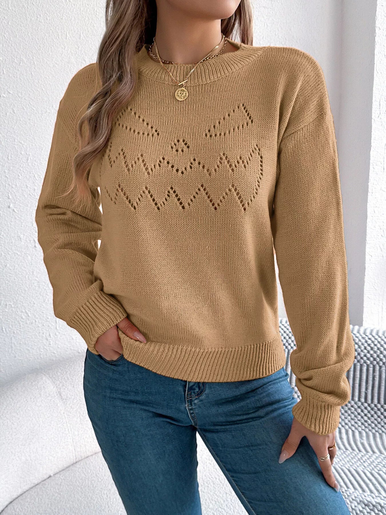 Openwork Round Neck Long Sleeve Sweater 