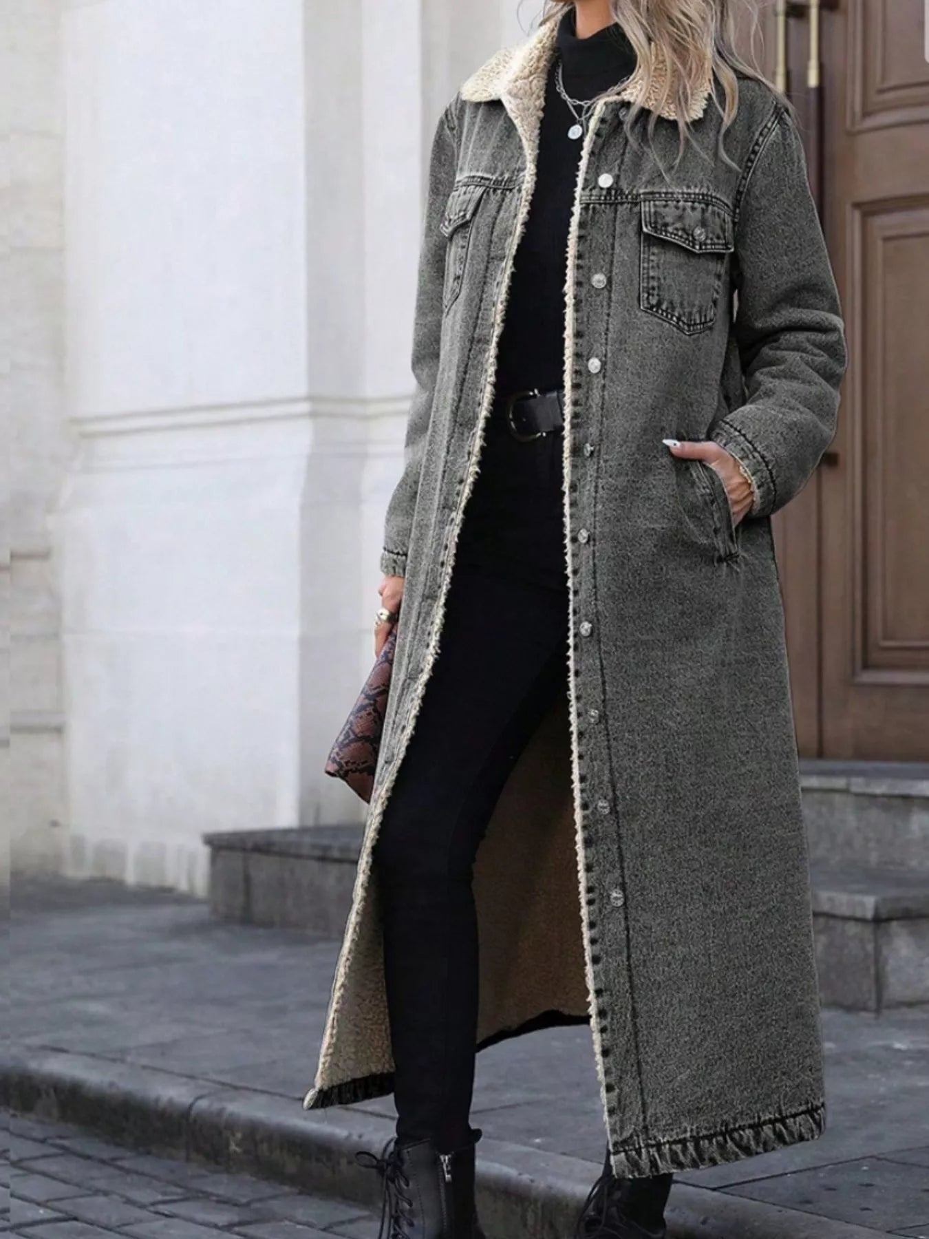 Sherpa Lined Longline Denim Jacket 