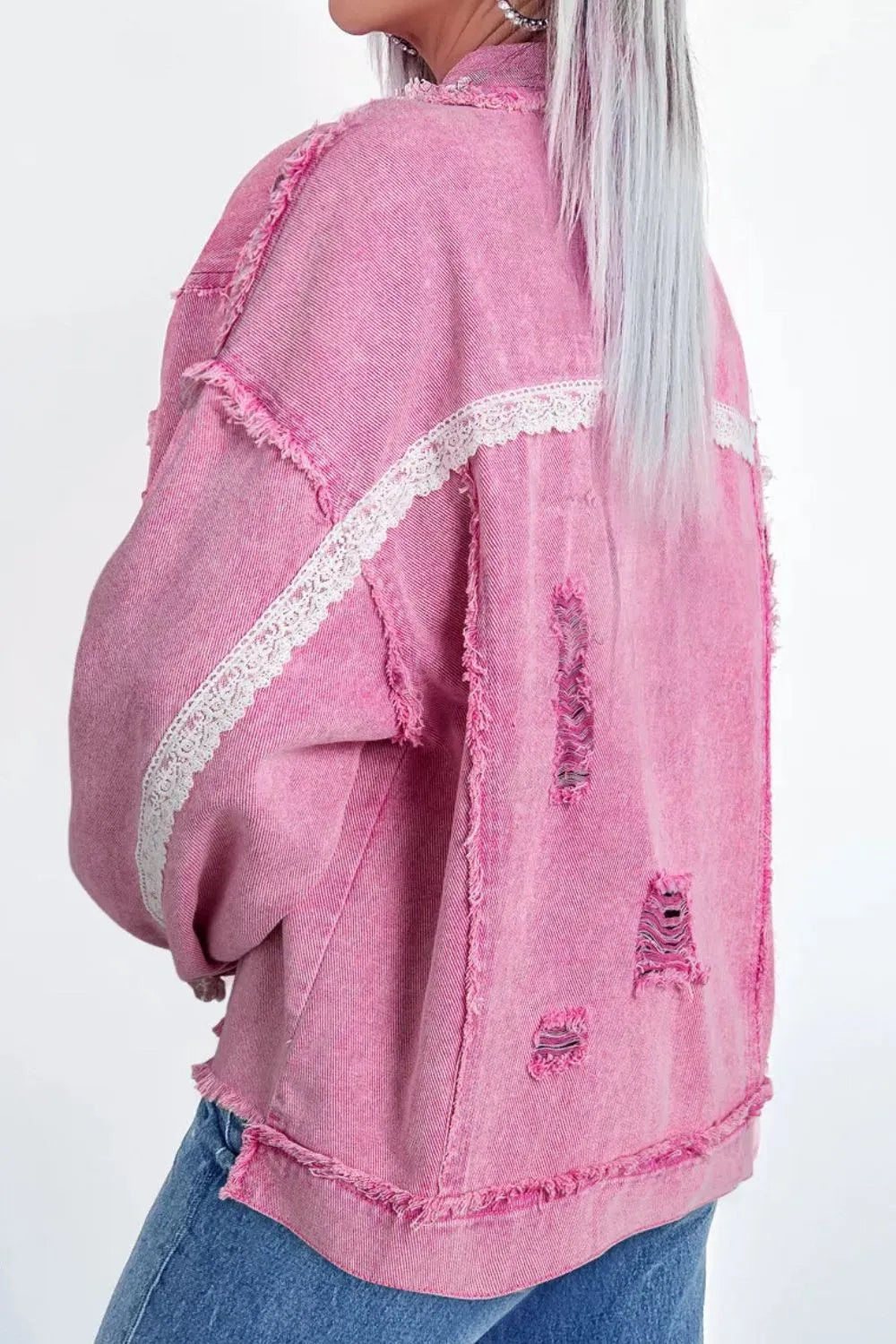 Lace Detail Distressed Raw Hem Long Sleeve Denim Jacket 