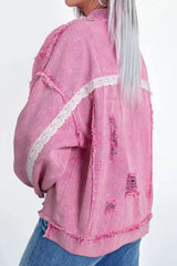 Lace Detail Distressed Raw Hem Long Sleeve Denim Jacket 