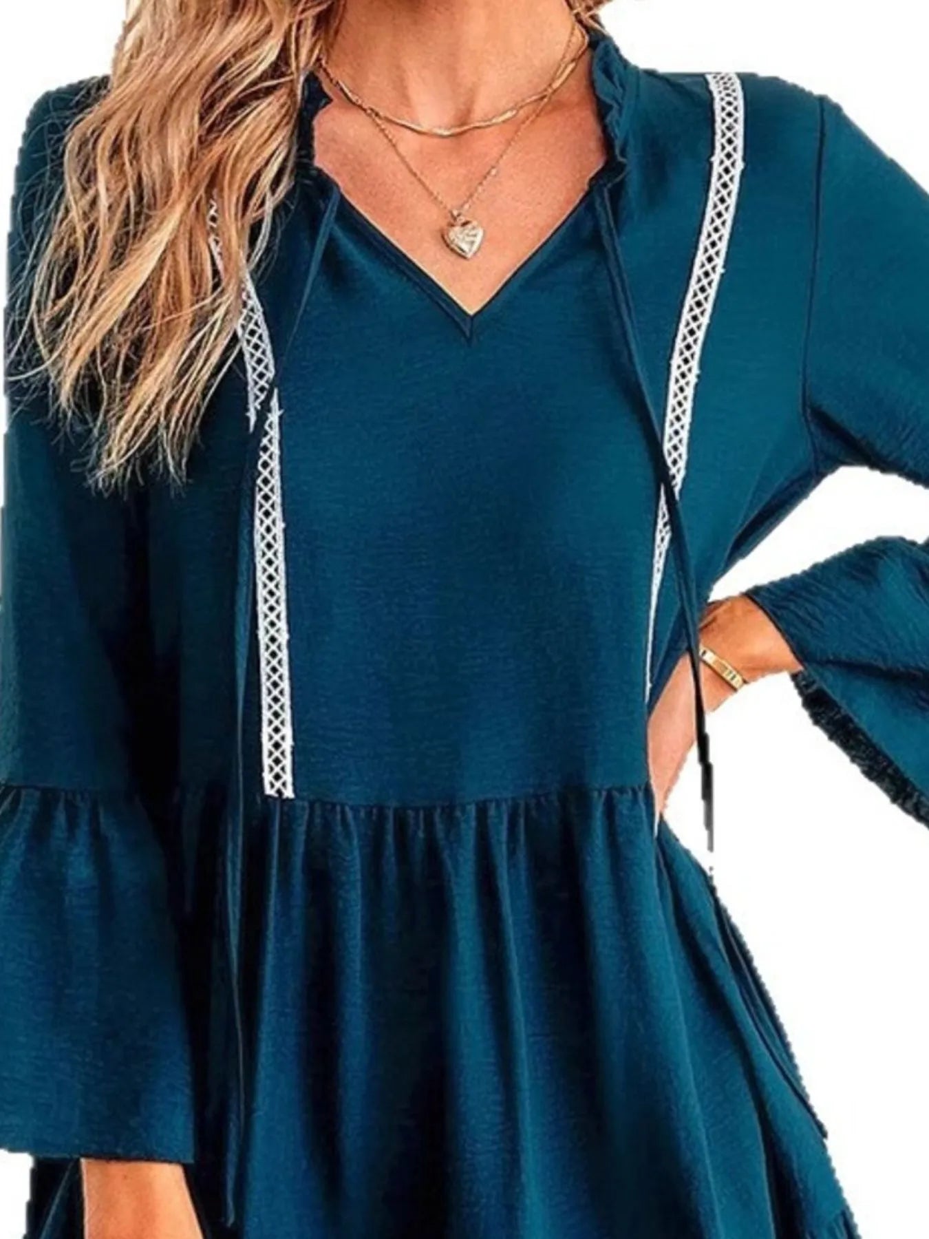 Tie-Neck Long Sleeve Mini Dress with Trim Detail 