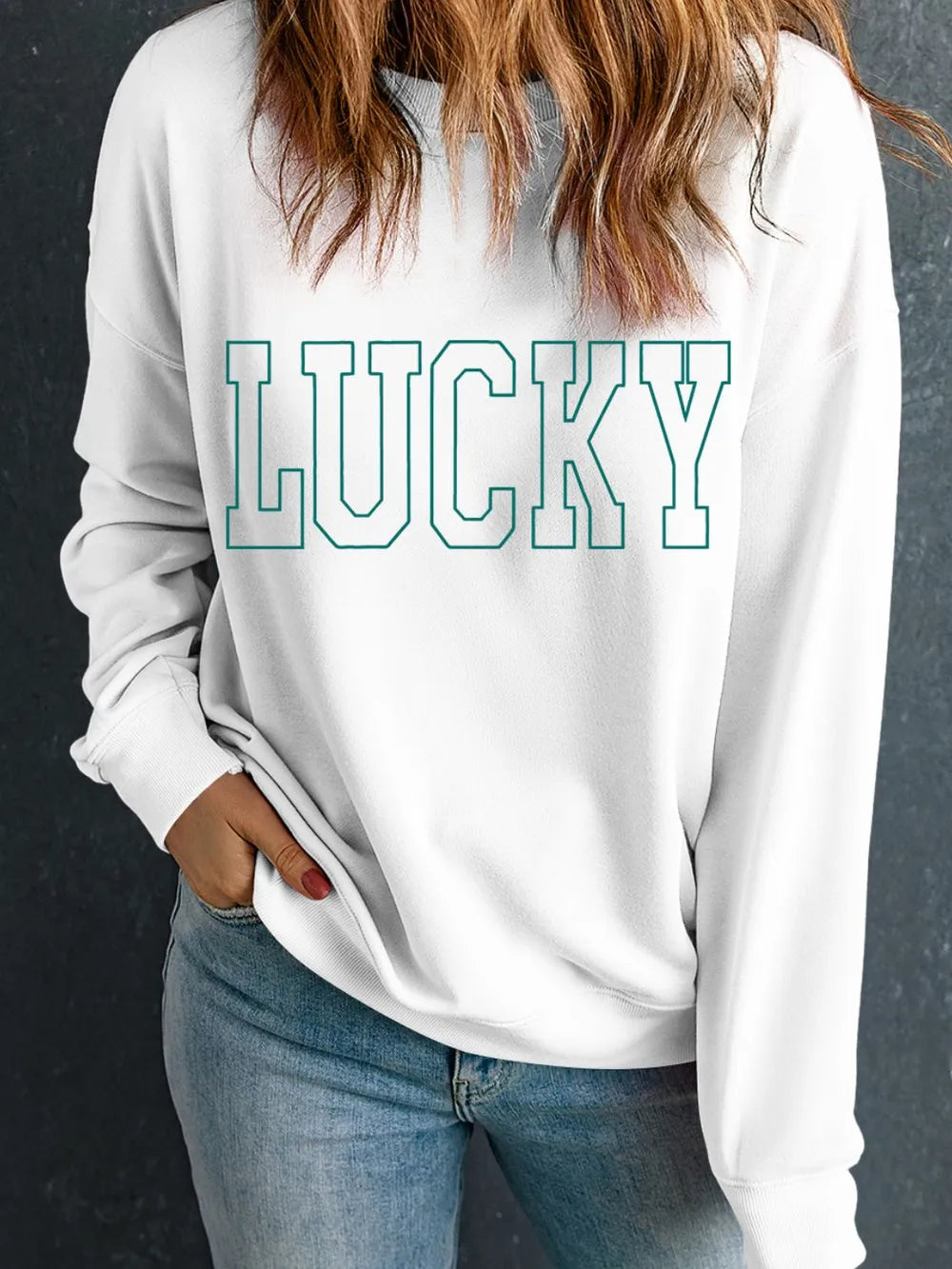 LUCKY Graphic Round Neck Long Sleeve Sweatshirt 