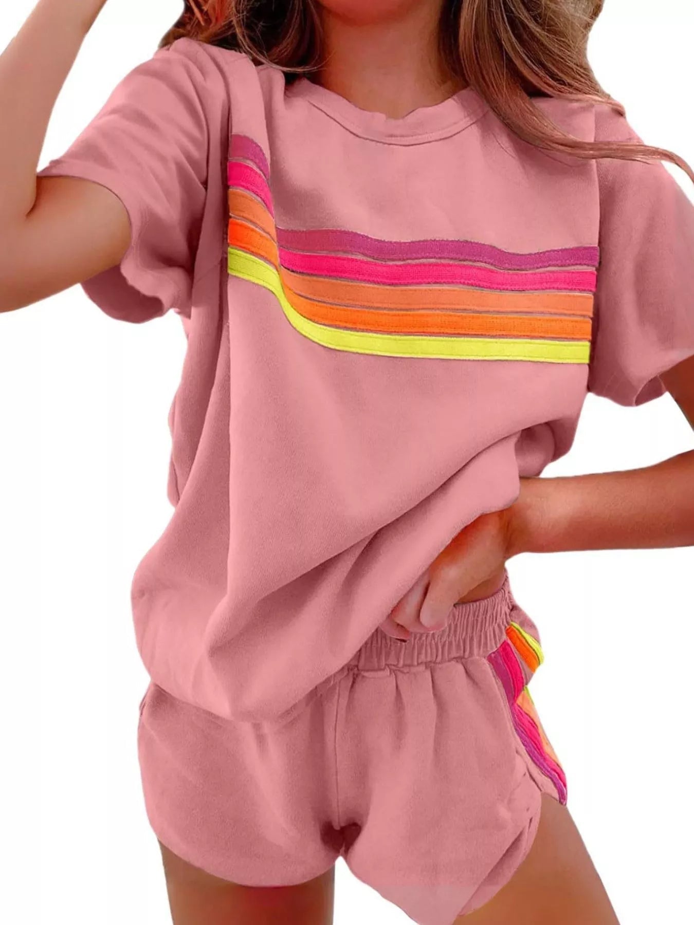Rainbow Striped Round Neck Top and Shorts Set 